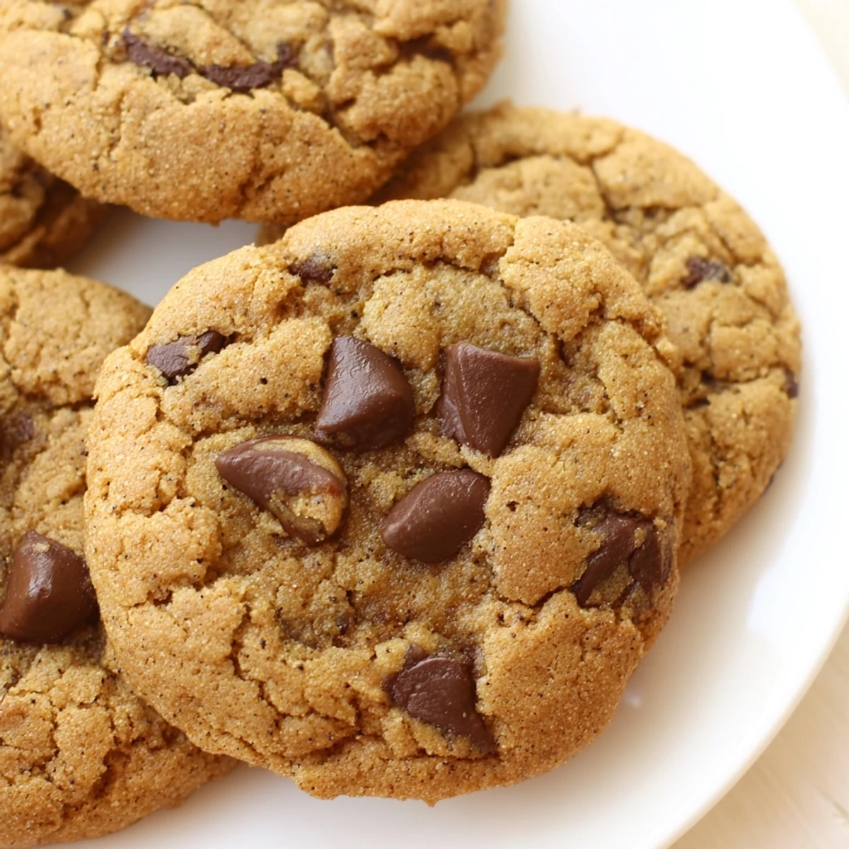 A close-up of a warm Chai Spiced Chocolate Chip Cookie, showing a chewy center and crispy spiced edges.