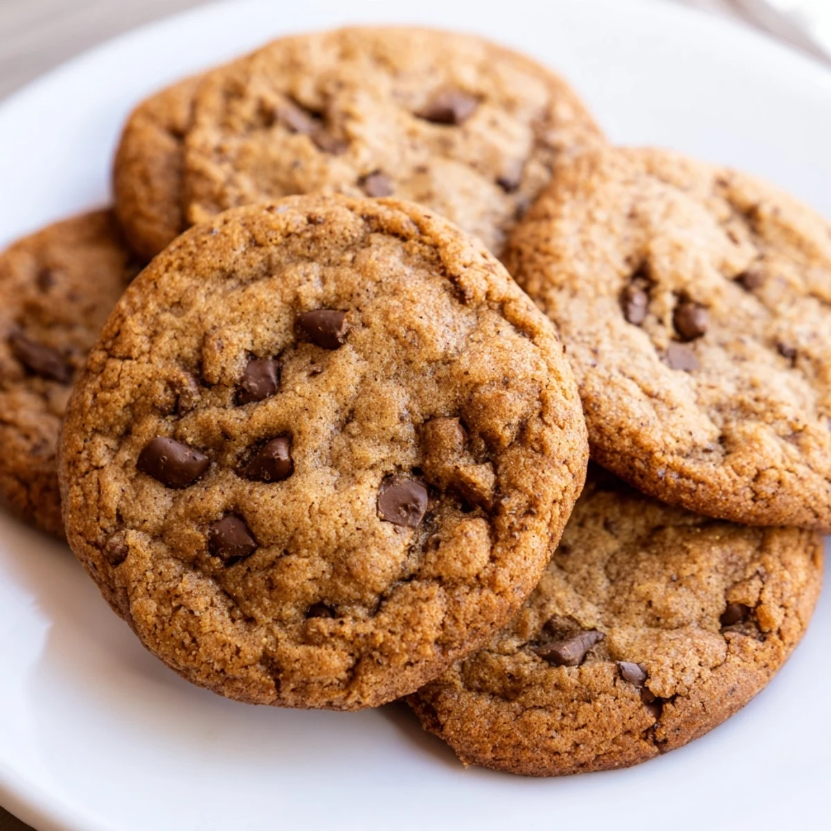 Golden-brown Chai Spiced Chocolate Chip Cookies with melty chocolate, on a rustic wooden board, ready to enjoy.