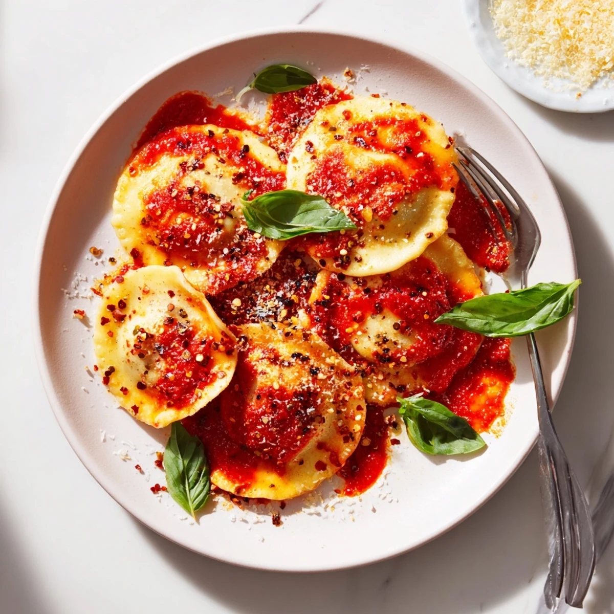 Golden 20-Minute Ravioli with Simple Sauce served in a bowl with fresh basil and grated Parmesan cheese.