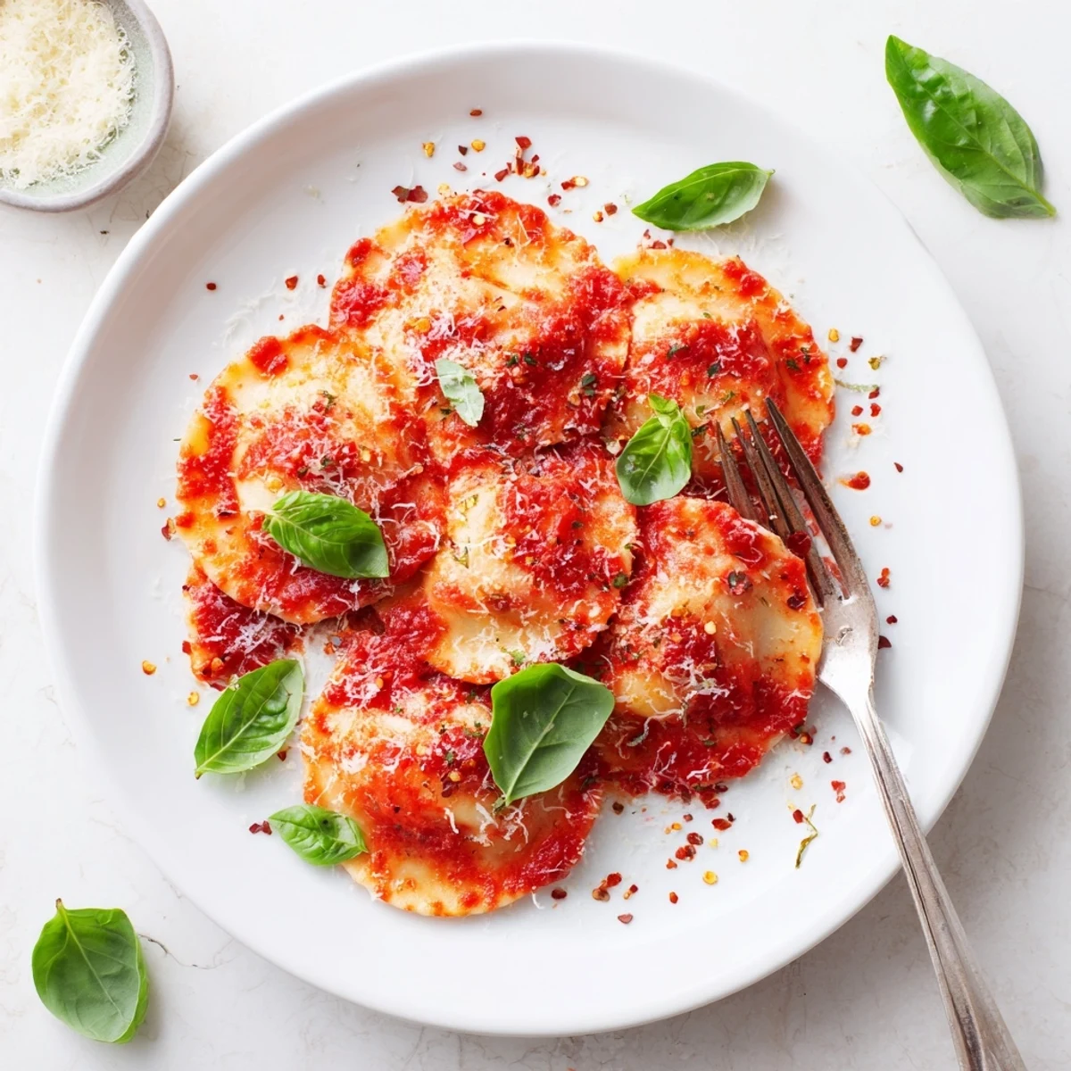 Freshly cooked 20-Minute Ravioli with Simple Sauce being tossed in a skillet with tomato-basil sauce and steam rising.
