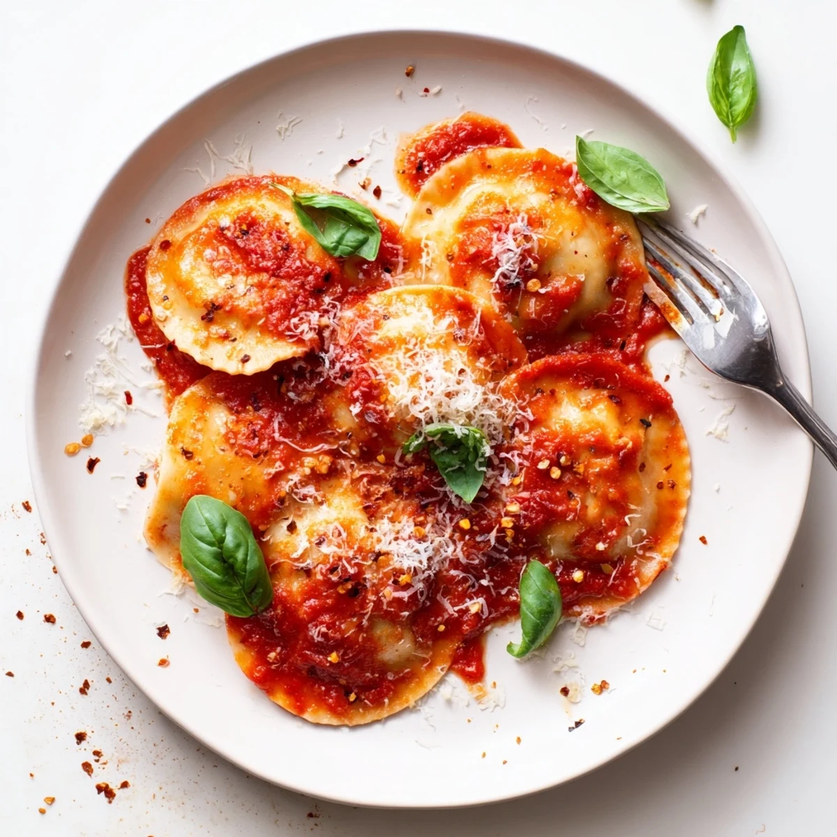 Close-up view of tender 20-Minute Ravioli with Simple Sauce coated in chunky tomato sauce on a rustic plate.