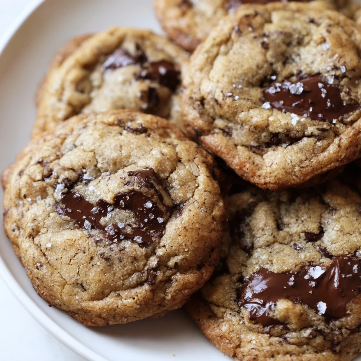 Freshly baked Miso Chocolate Chip Cookies on a cooling rack, with melty semi-sweet chocolate chips and a sprinkle of flaky sea salt.