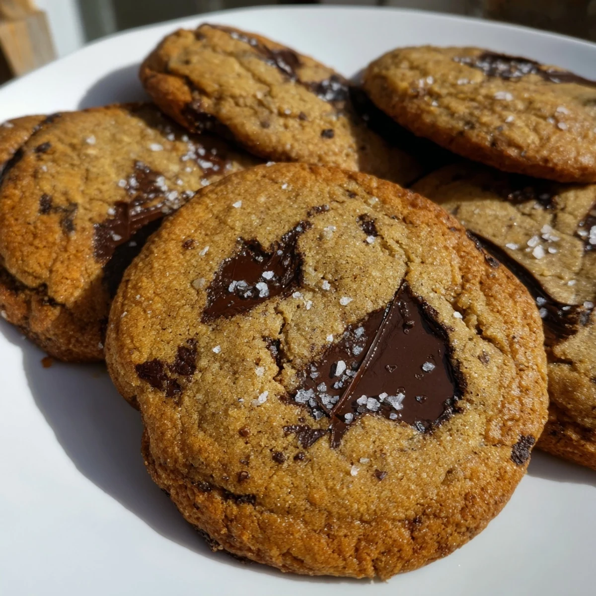 Golden-brown Miso Chocolate Chip Cookies arranged on a white plate, perfect with a cold glass of milk for an afternoon treat.