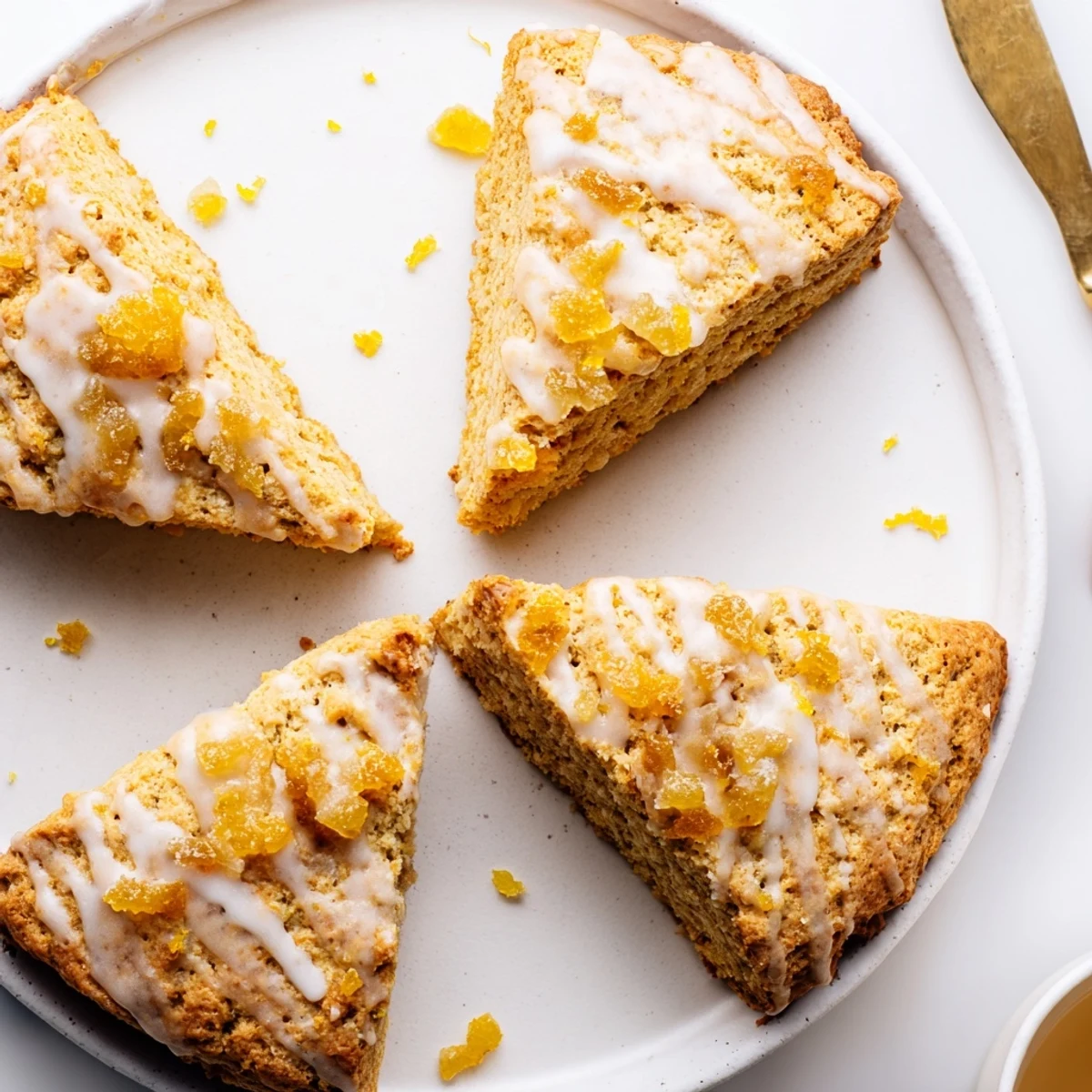 Warm golden Candied Ginger Orange Scones with coarse sugar on top sit on a rustic wooden board.