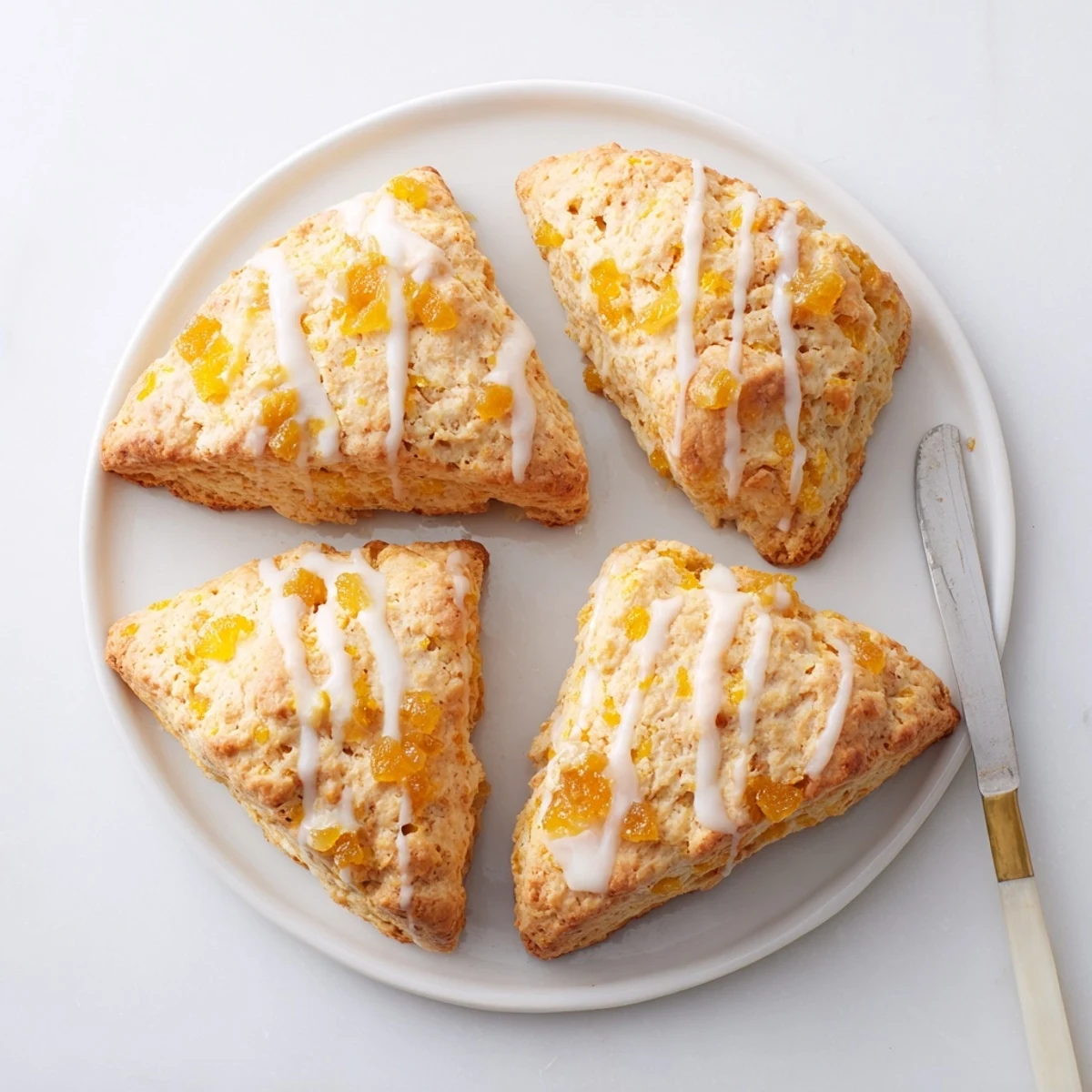 A close-up of a split Candied Ginger Orange Scone reveals tender crumbs and sticky candied ginger bits.