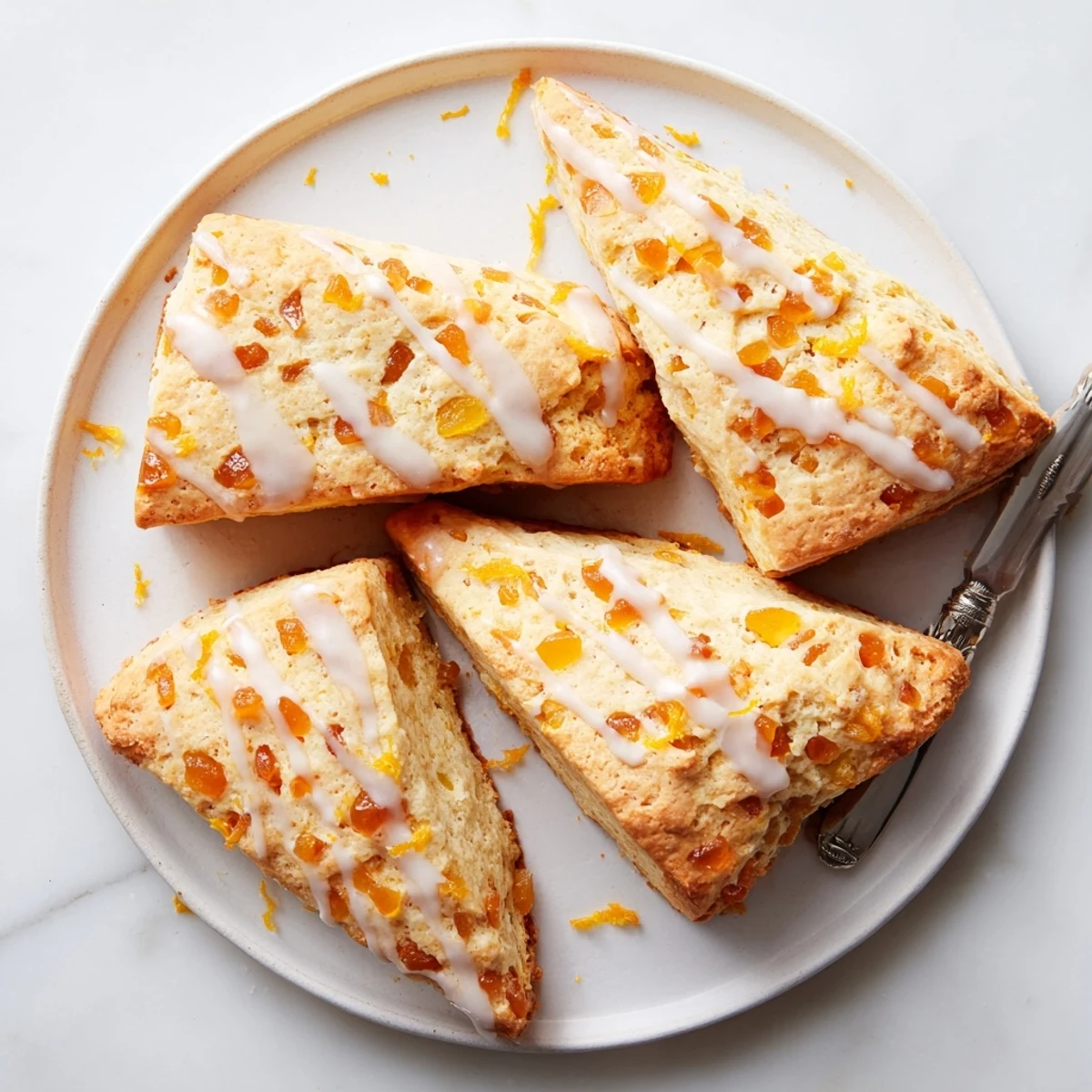Eight freshly baked Candied Ginger Orange Scones arranged on a cooling rack near a teacup.