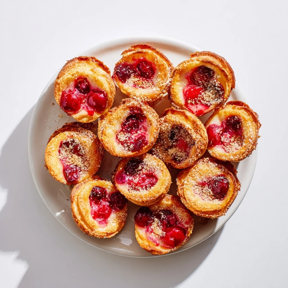 Golden-brown Quick Cherry Pie Bites cooling on a wire rack with vibrant red cherry filling visible inside.