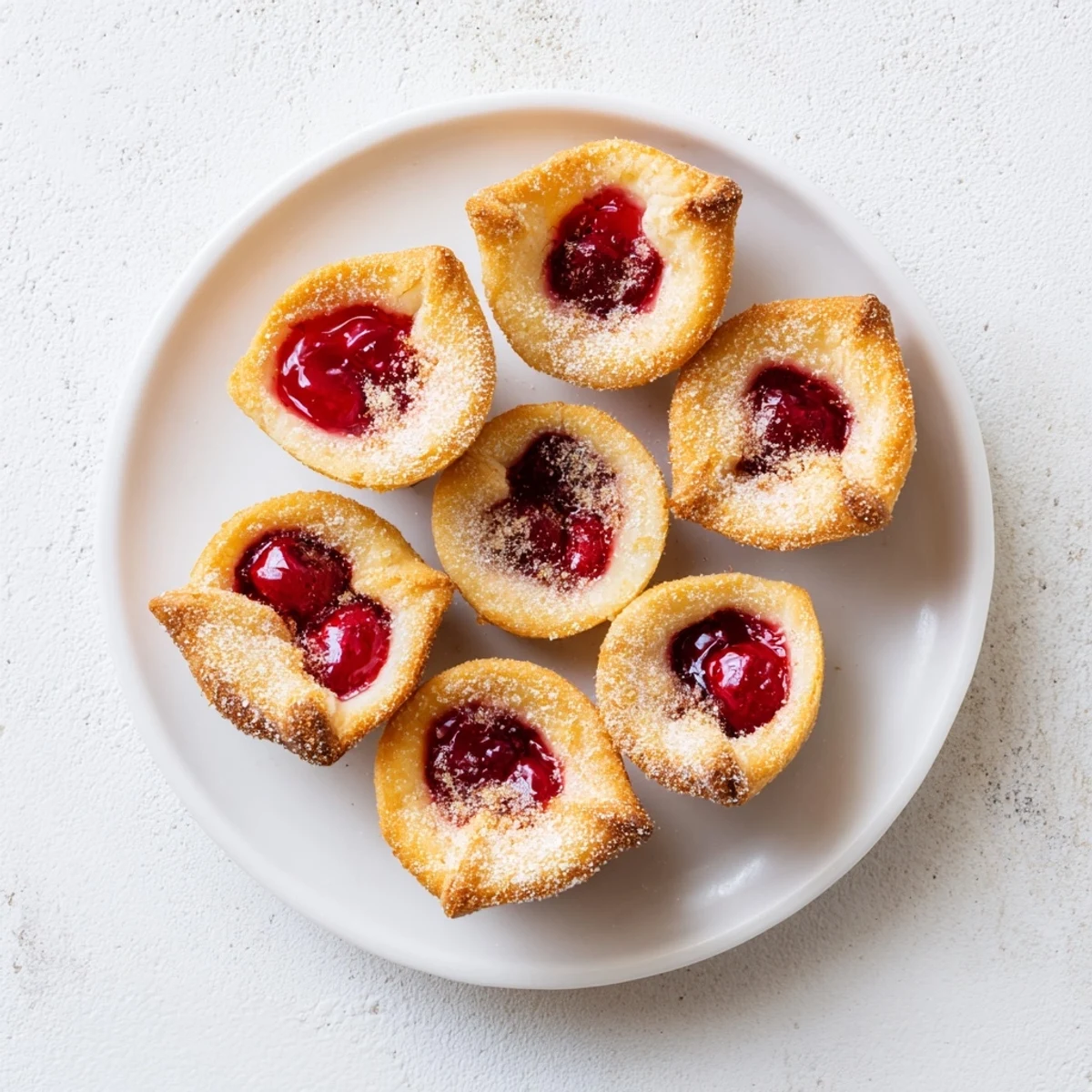 Freshly baked Quick Cherry Pie Bites arranged in a mini muffin tin, showcasing bubbly cinnamon-sugar topping.