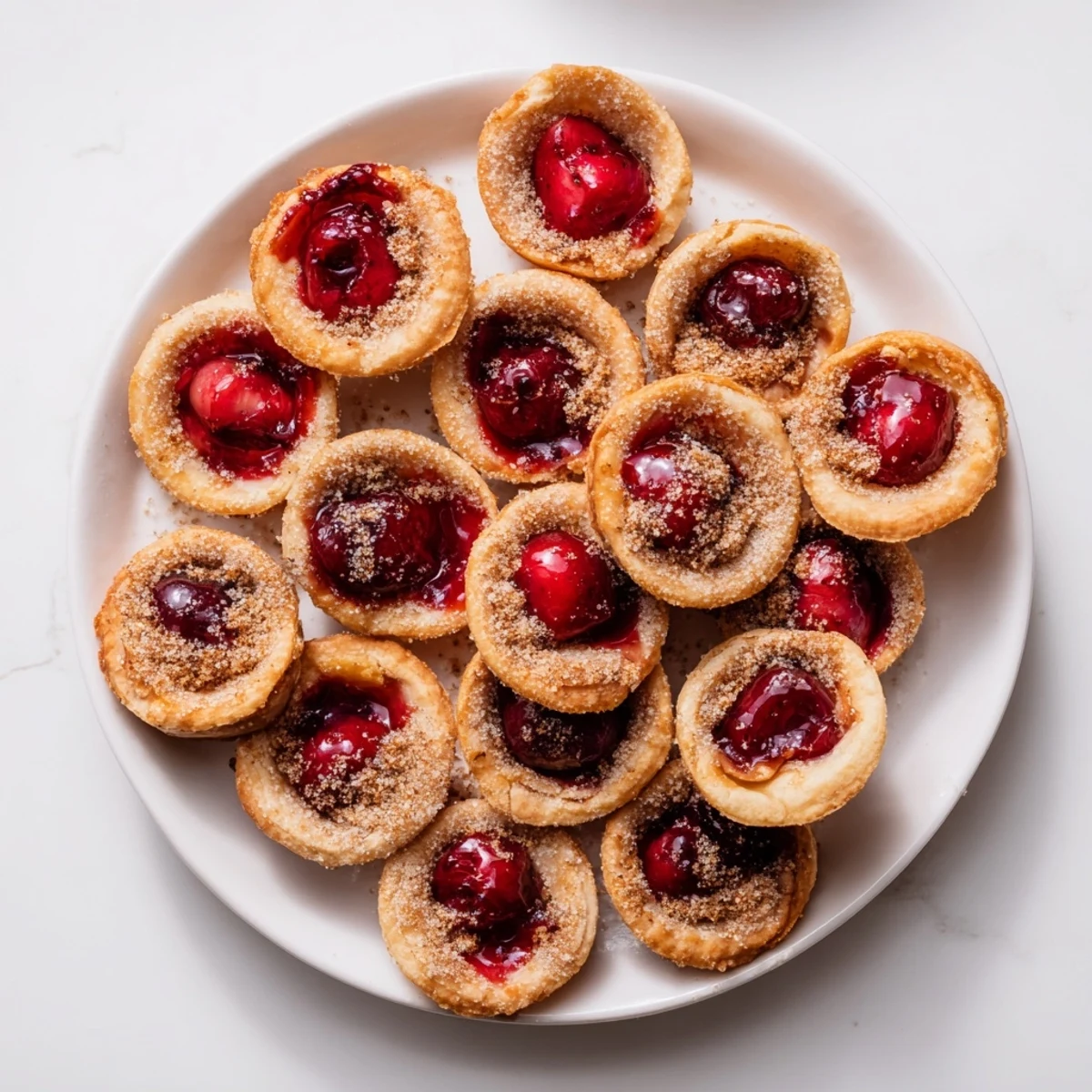 Warm Quick Cherry Pie Bites with flaky buttery crust and sweet cherry filling, ready to serve at a party.