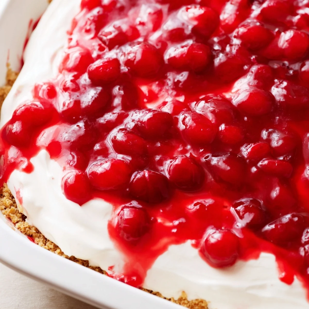 A close-up of Classic Cherry Delight showcasing vibrant red cherries on a creamy layer over a golden graham cracker crust in a glass dish.