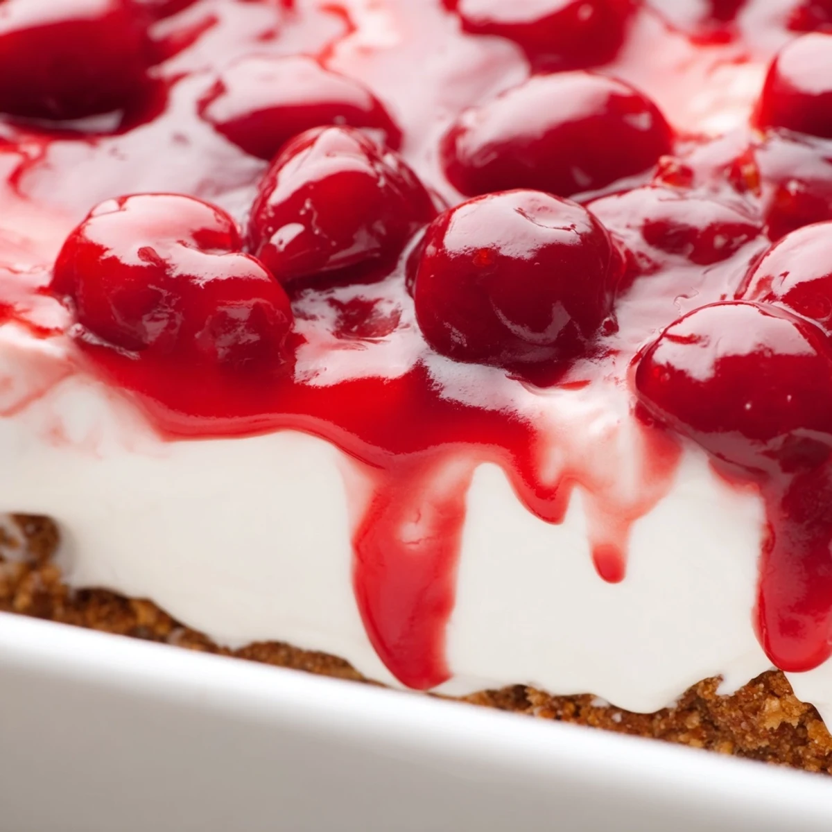Classic Cherry Delight served in a square dish with a generous spoonful revealing creamy filling and a sweet, glossy cherry topping.