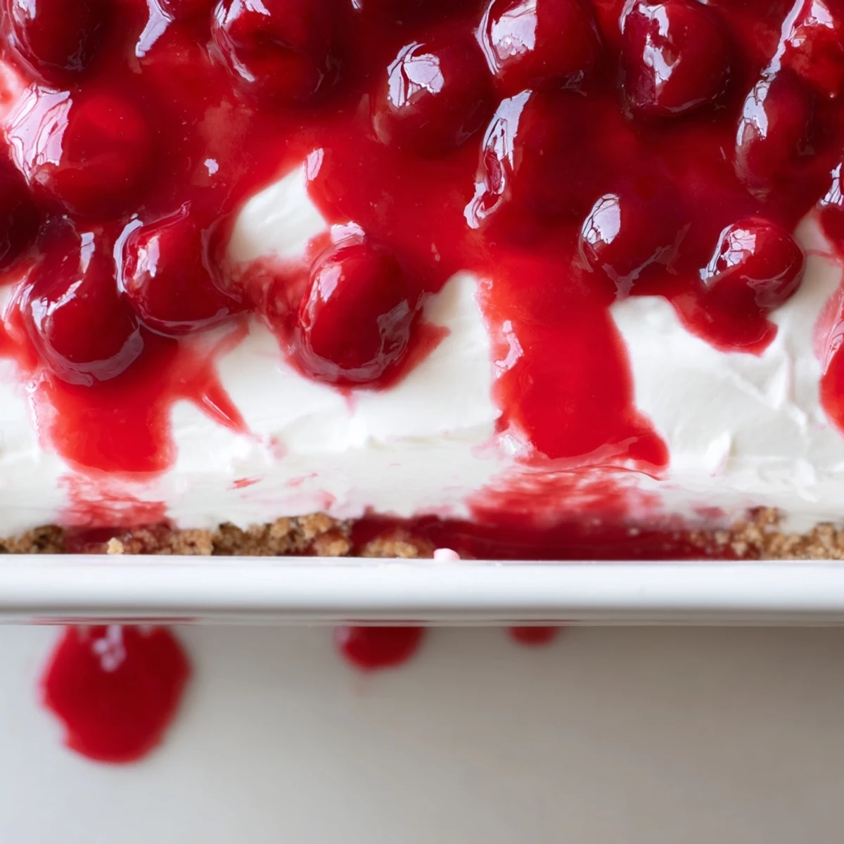 A beautifully set Classic Cherry Delight dessert, perfect for a potluck, featuring smooth cream cheese and crunchy crust with cherry pie filling.