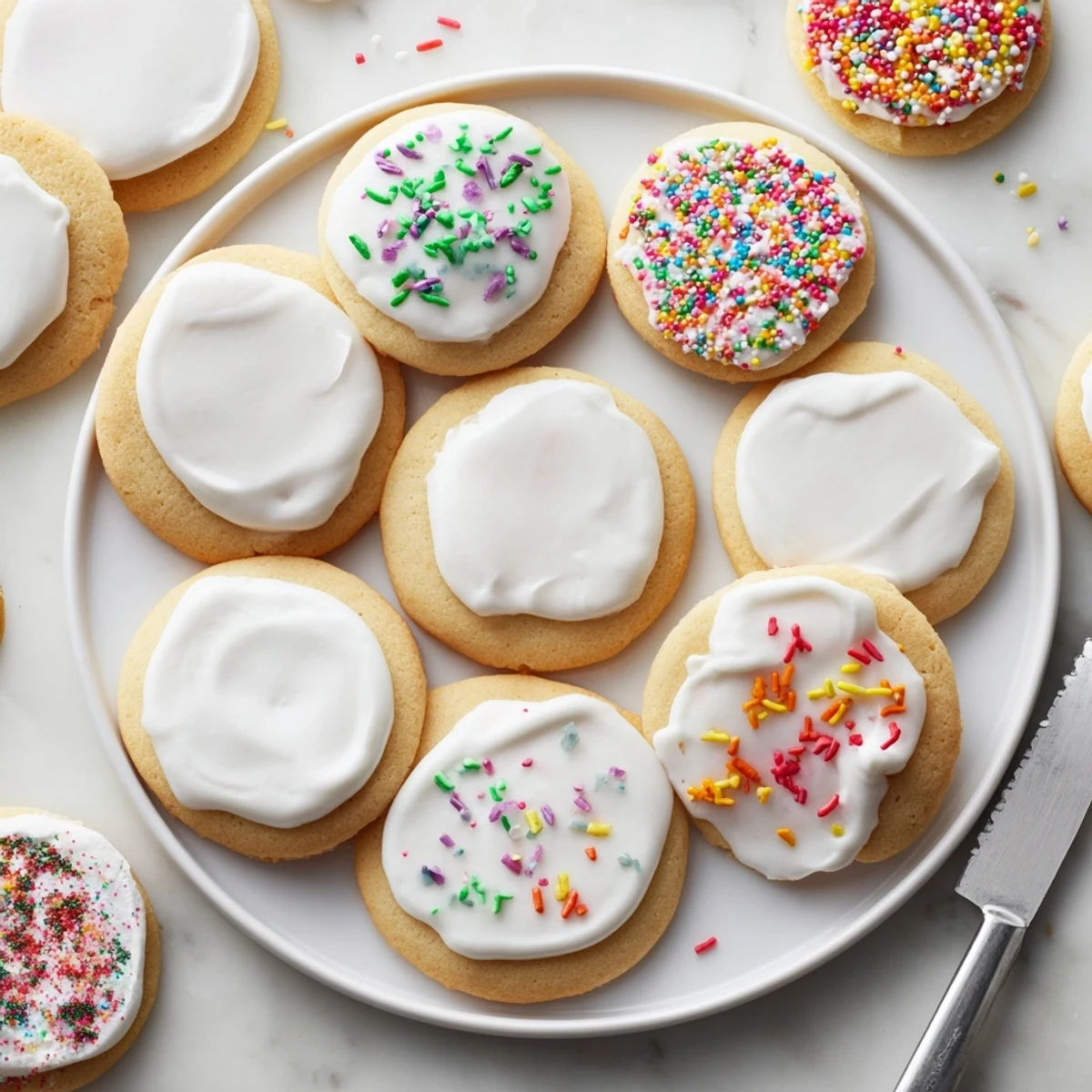 Glossy Sugar Cookie Icing drizzled over freshly baked cookies, ready for decorating with sprinkles.