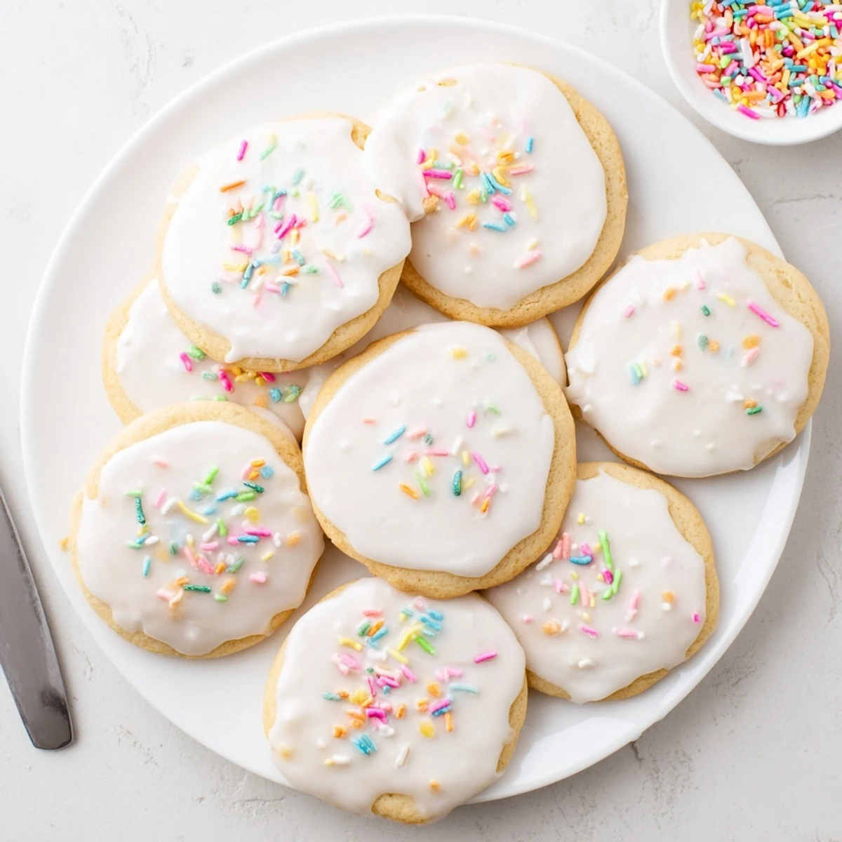 Vibrant Sugar Cookie Icing in red, green, and yellow, spreading beautifully on round cookies.