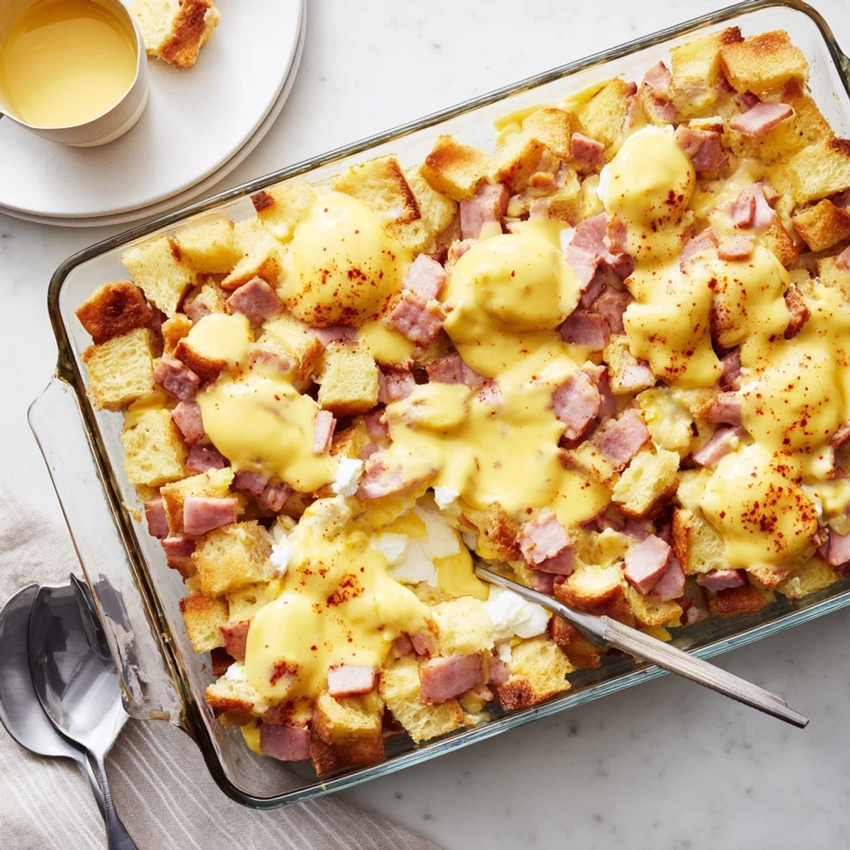 Golden Eggs Benedict Casserole slices rest on a white plate, topped with silky hollandaise sauce and fresh chives.