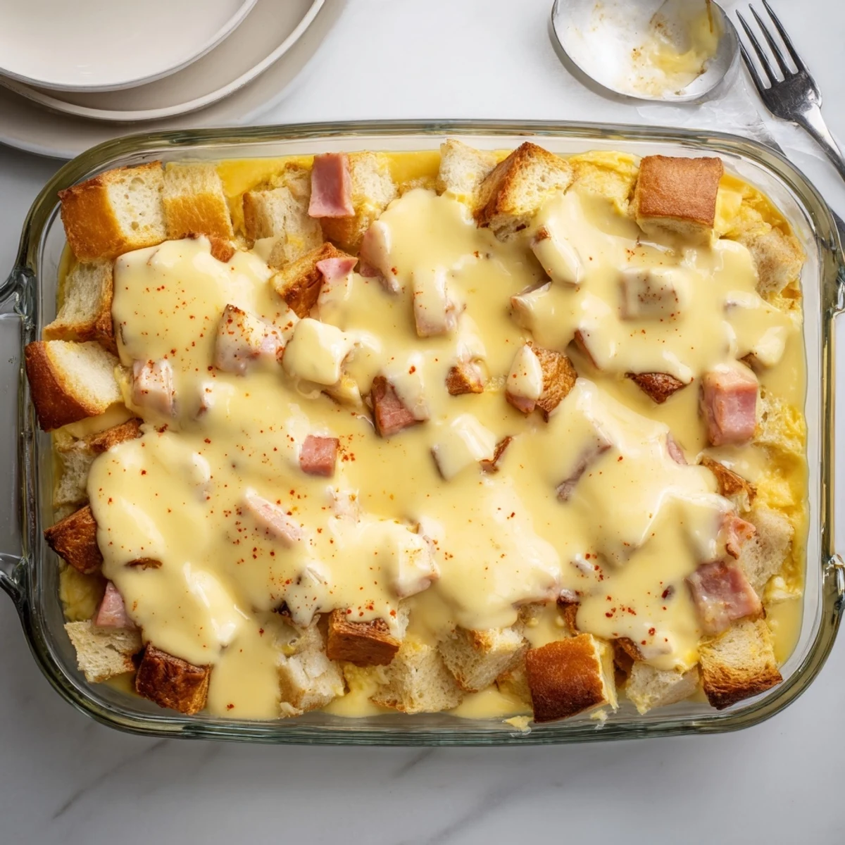 Serving platter of Eggs Benedict Casserole for brunch with Canadian bacon peeking from under a fluffy egg layer.