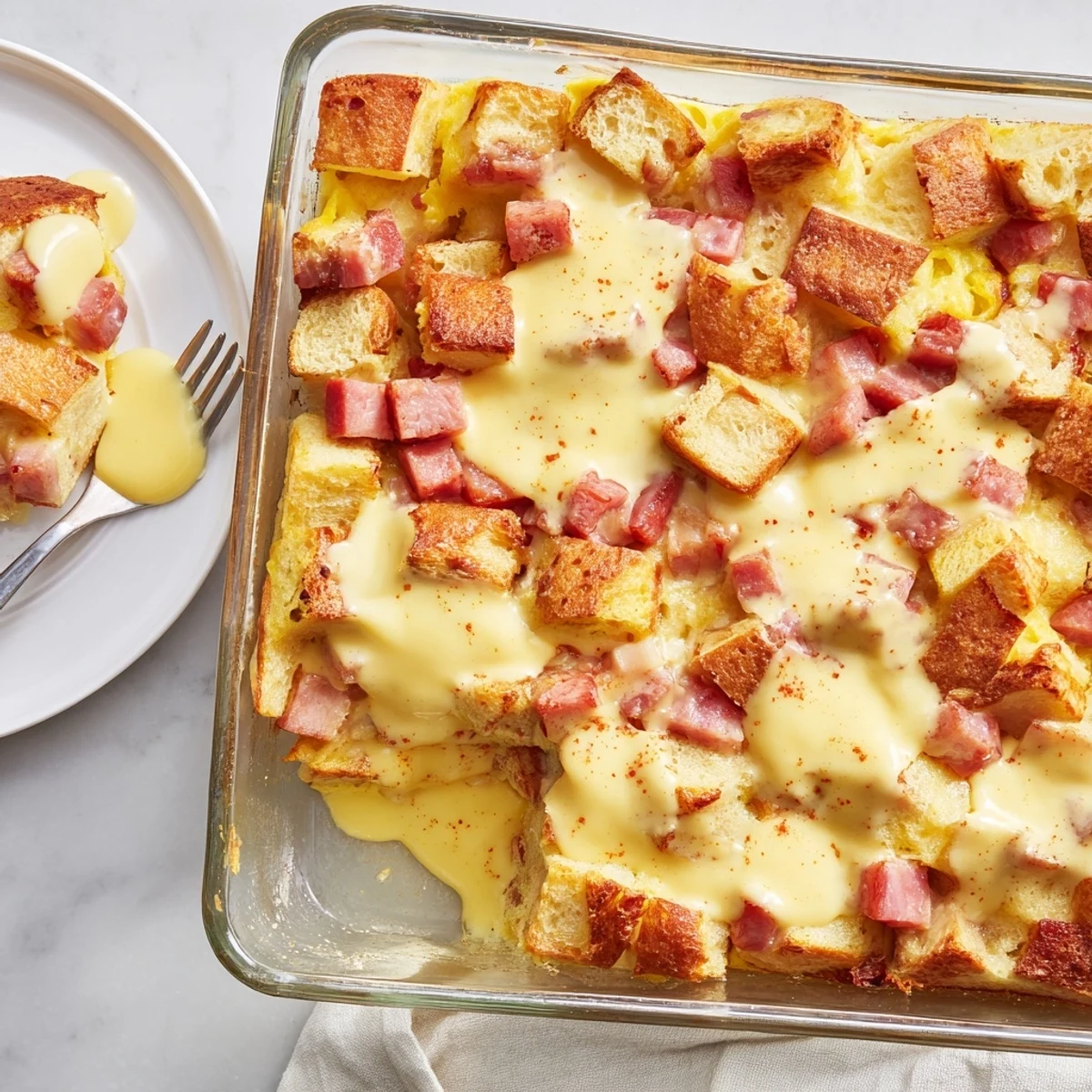 Close-up view of a warm slice of Eggs Benedict Casserole, drizzled with lemony hollandaise and garnished with paprika.