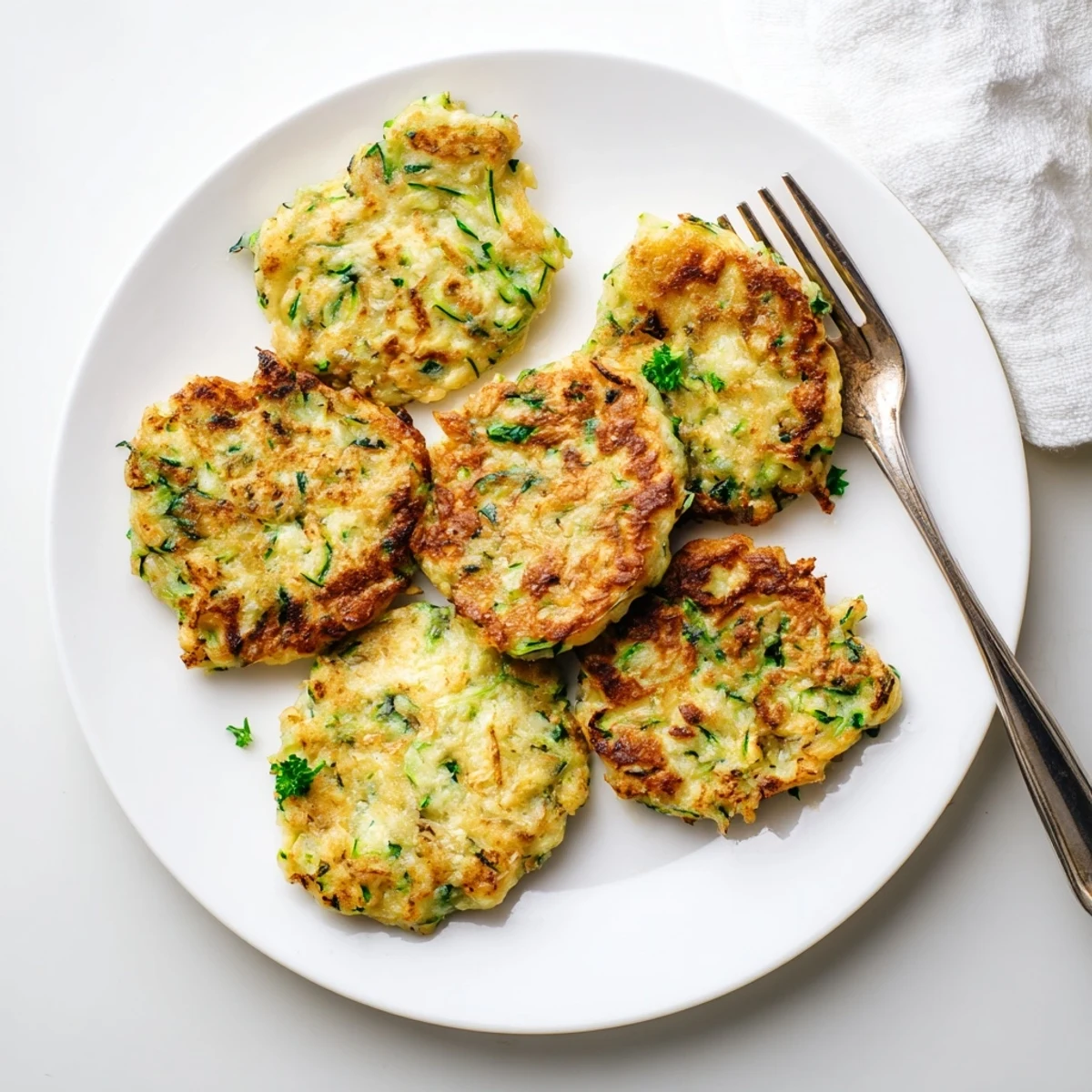 Crispy-edged Chickpea Zucchini Fritters stacked on a white plate, garnished with fresh parsley and lemon wedges.