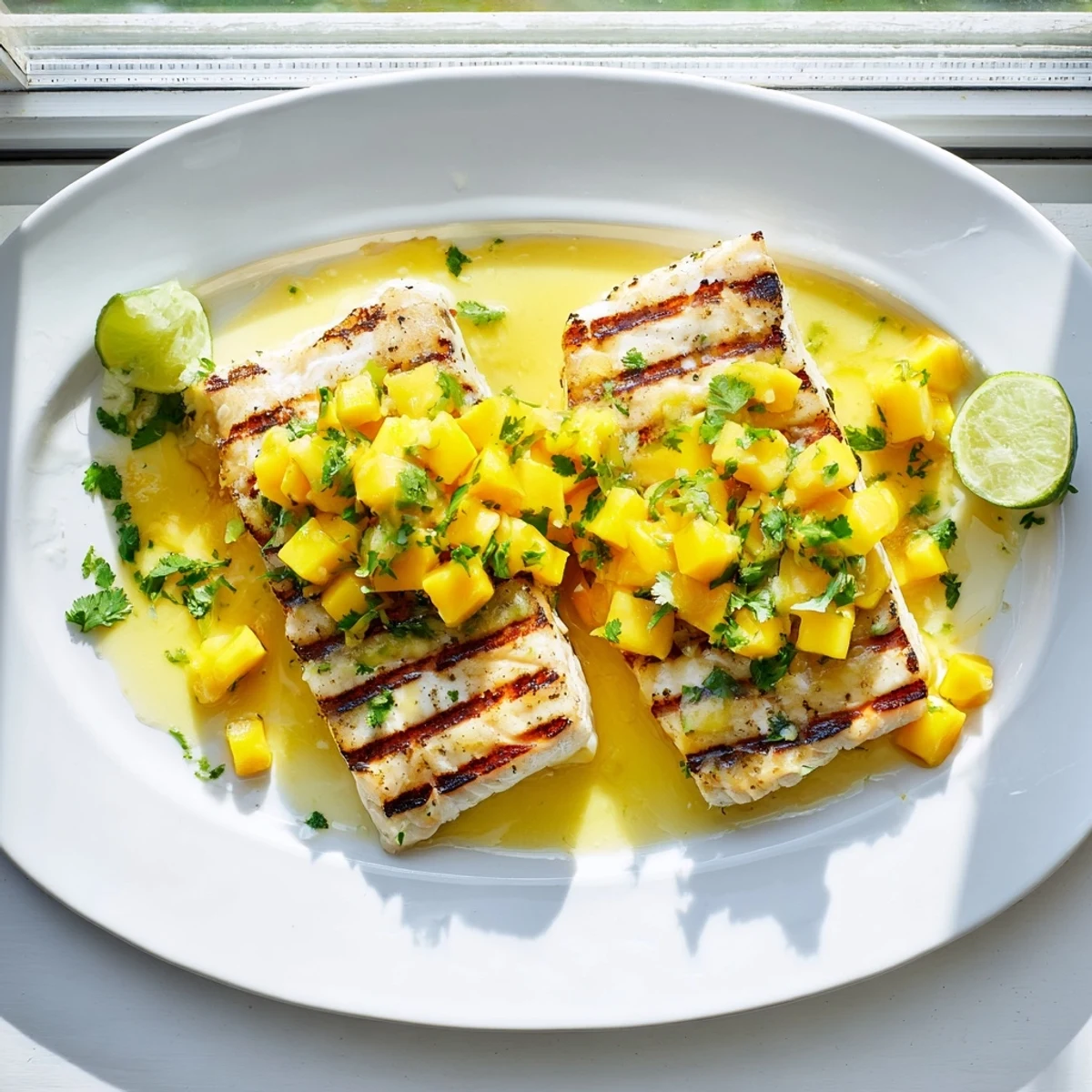 Grilled mahi mahi mango lime butter seafood delight garnished with fresh cilantro and lime wedges.