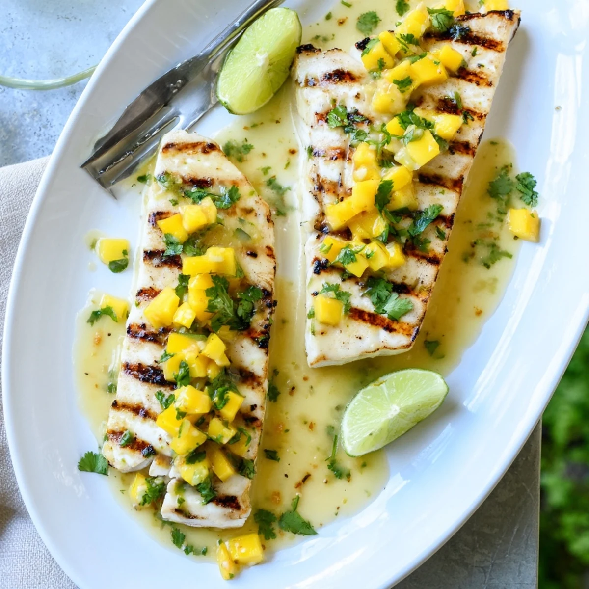 Tropical mahi mahi mango lime butter delight served hot with a vibrant mango sauce drizzle.