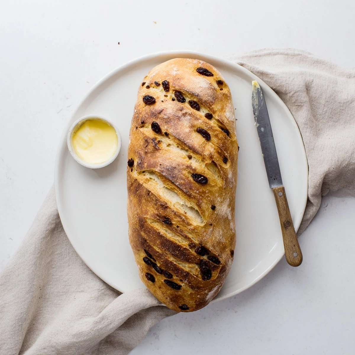 Freshly baked Cinnamon Raisin Artisan Bread cooling on a wire rack with a golden crust and soft interior.