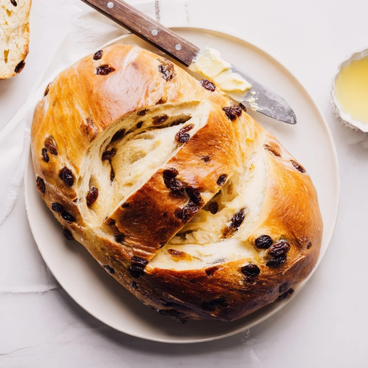 Homemade Cinnamon Raisin Artisan Bread loaf with visible plump raisins and a cinnamon swirl, ready to be sliced.