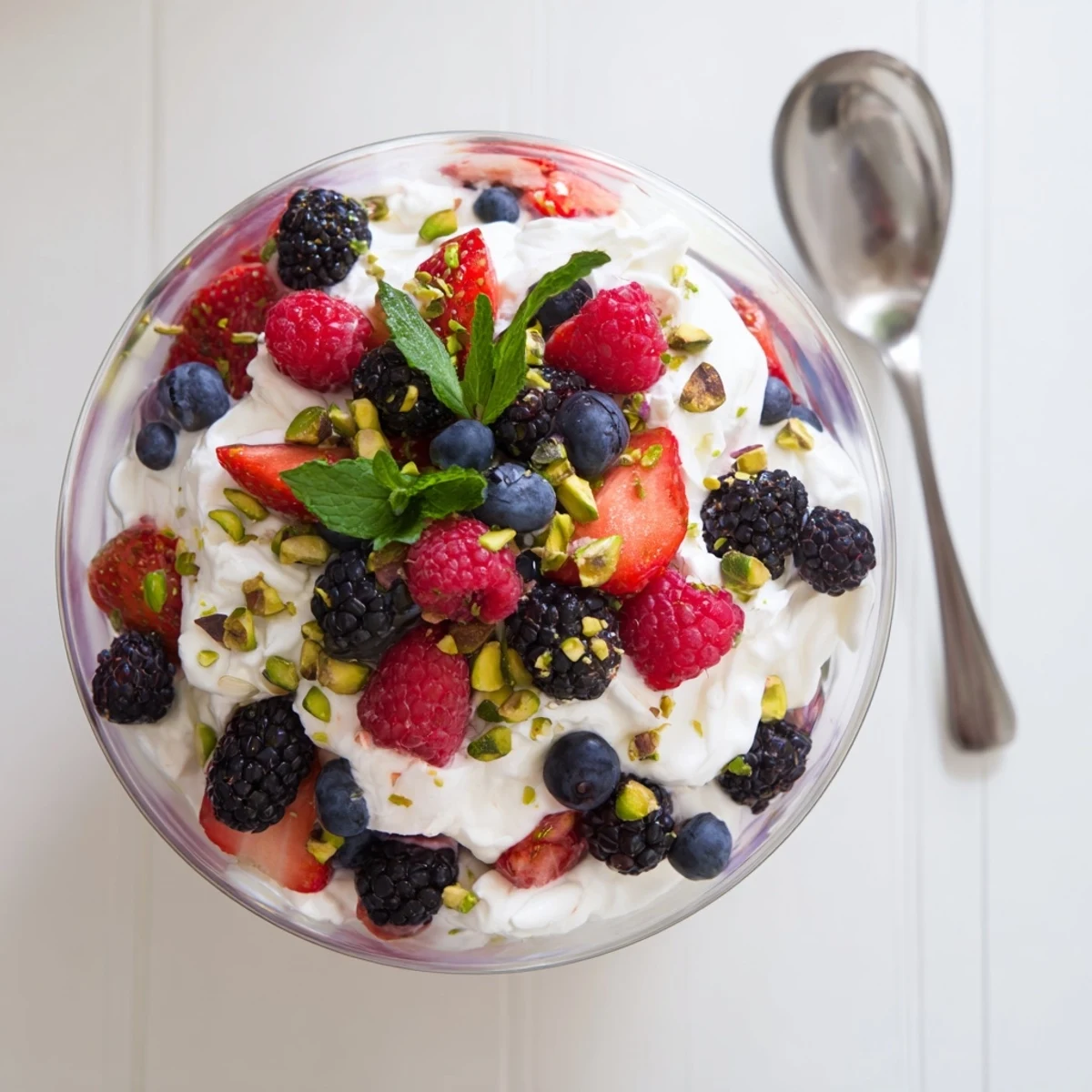 Fluffy Yogurt Cloud Dessert with Berries and Cream layered in a glass with fresh berries and a light yogurt cloud texture.