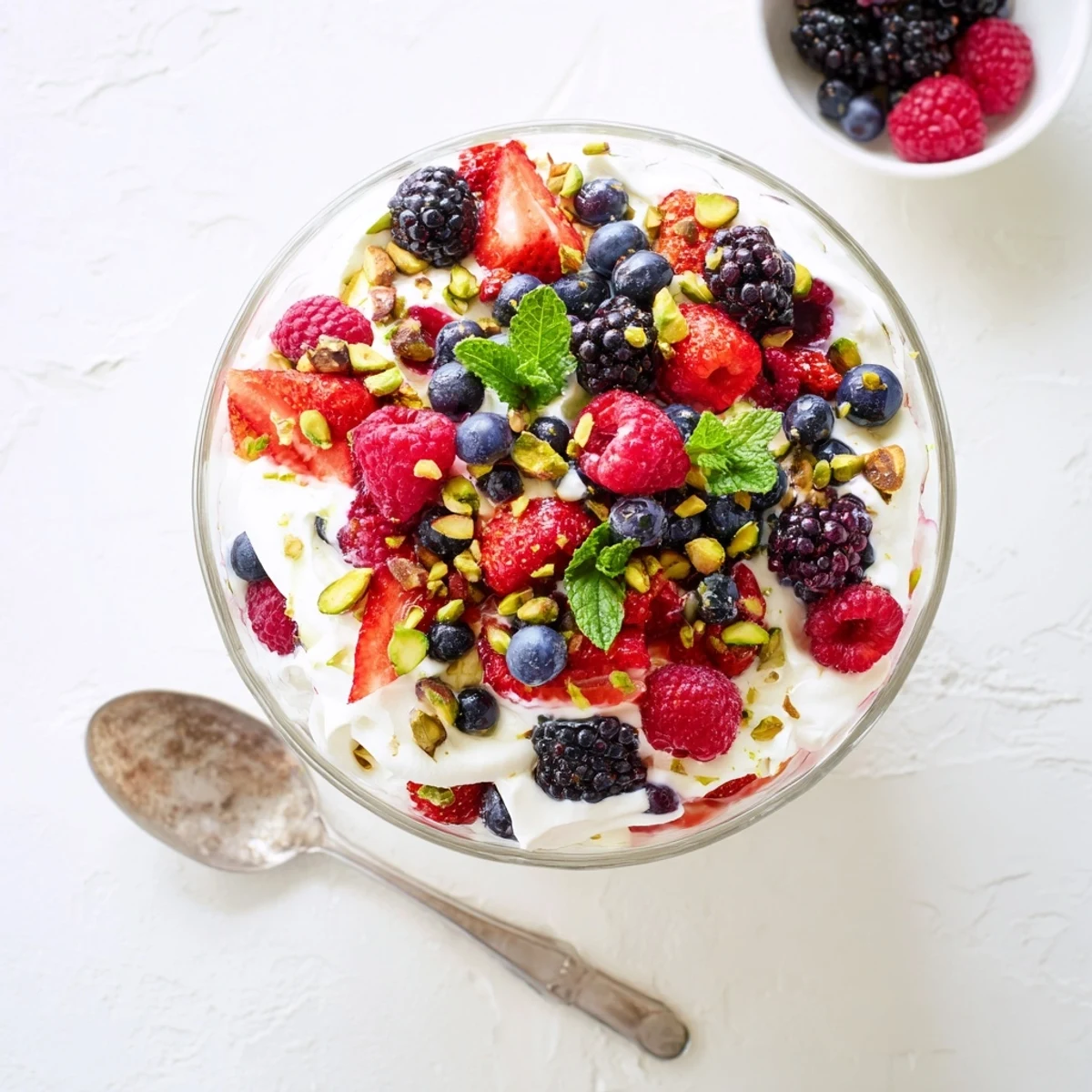A close view of Fluffy Yogurt Cloud Dessert with Berries and Cream topped with mint and chopped pistachios for a crunchy garnish.