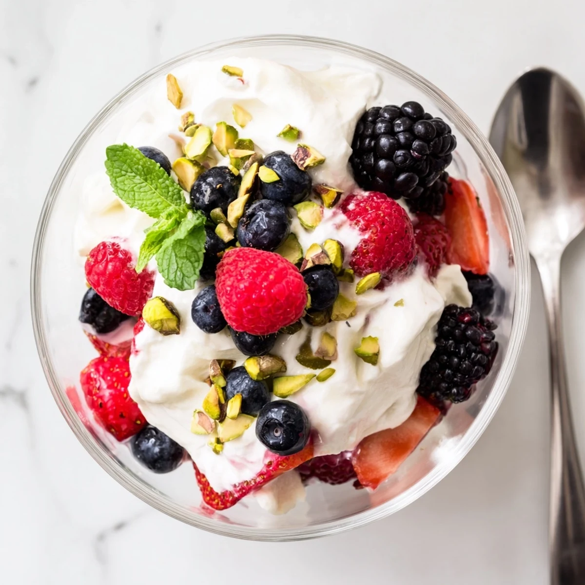 Spoon lifting a creamy bite of Fluffy Yogurt Cloud Dessert with Berries and Cream served chilled in a dessert bowl.