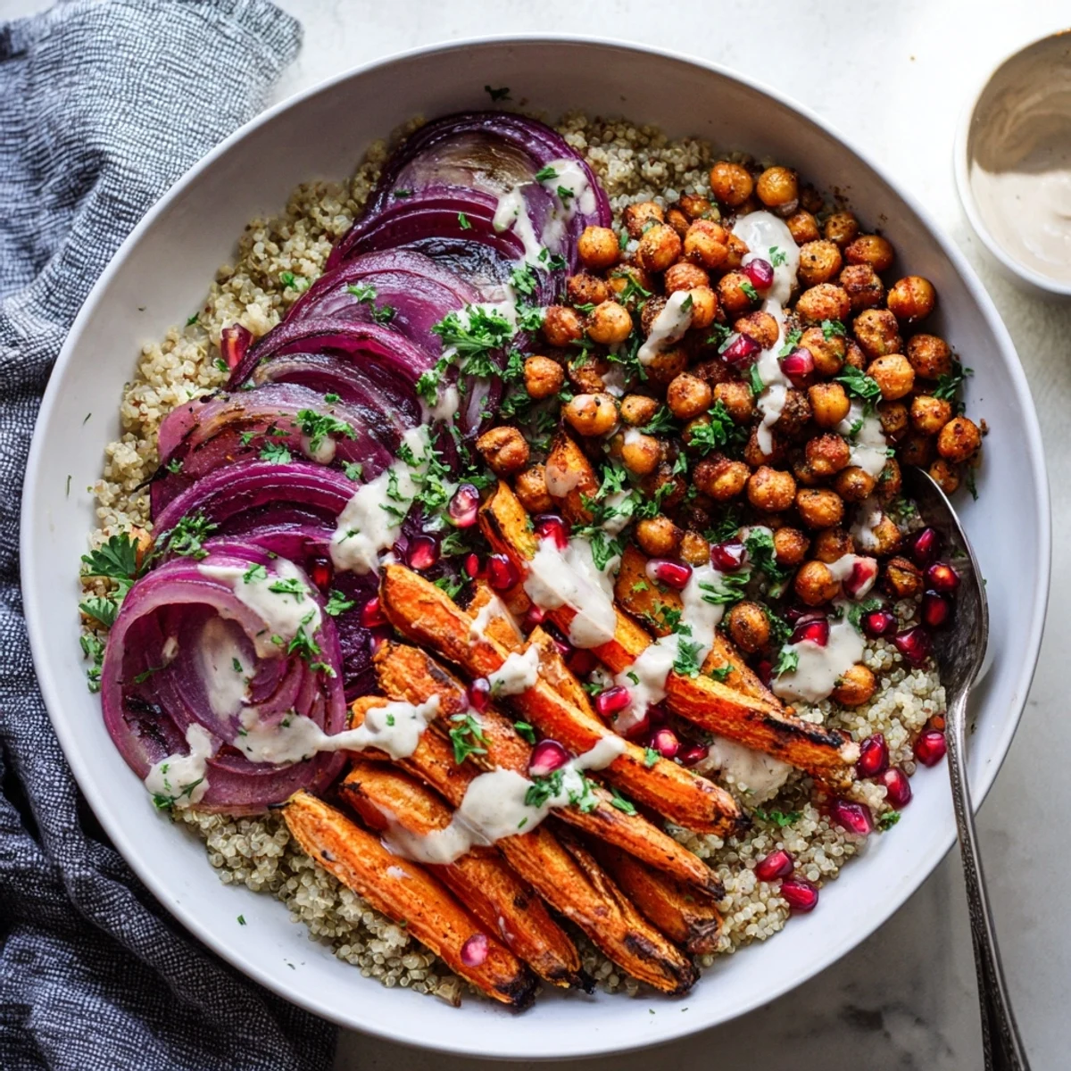 Golden roasted carrots and crispy chickpeas from the One Pan Roasted Carrot Chickpea Bowl glisten with tahini dressing.