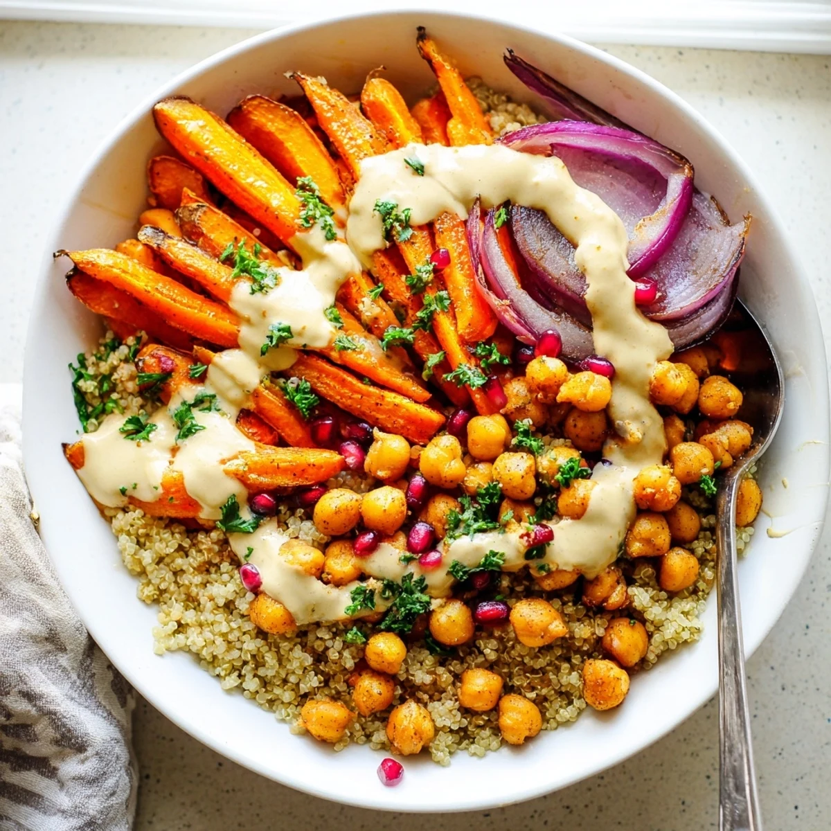 A close-up of the One Pan Roasted Carrot Chickpea Bowl topped with fresh parsley and pomegranate seeds.