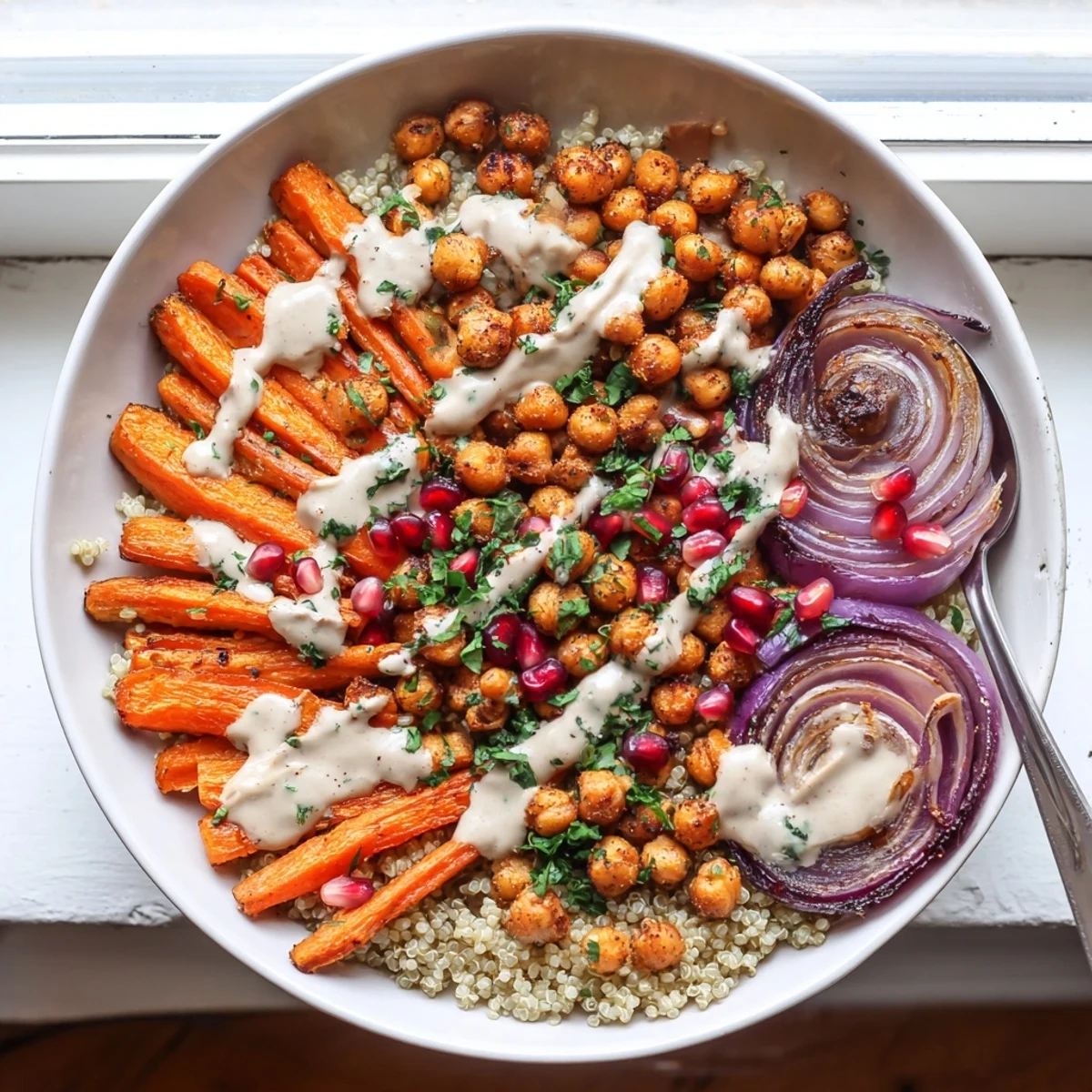 The One Pan Roasted Carrot Chickpea Bowl served over fluffy quinoa with a generous drizzle of creamy sauce.