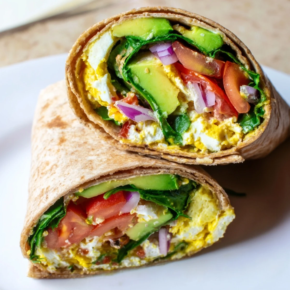 The High Protein Breakfast Wrap with Cottage Cheese and Avocado rests on a wooden board beside fresh spinach and diced tomatoes for a healthy serving suggestion.