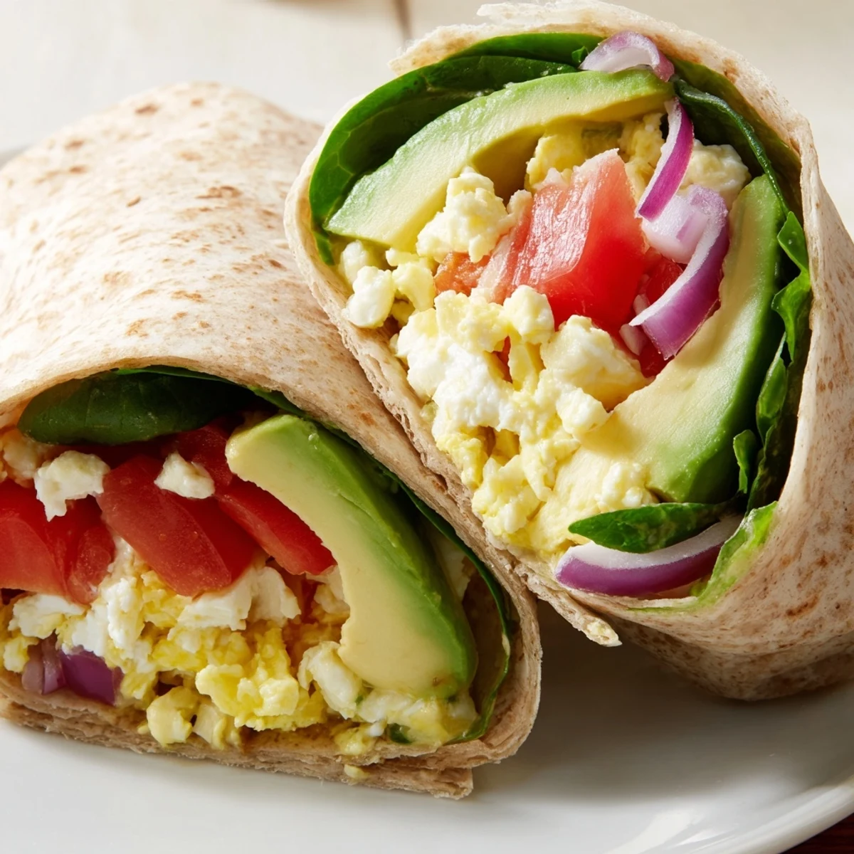 Close-up of a sliced High Protein Breakfast Wrap with Cottage Cheese and Avocado, showing fluffy scrambled eggs and creamy avocado slices inside a whole wheat tortilla.