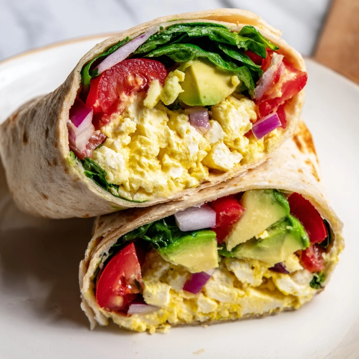 Bright morning light highlights the texture of a High Protein Breakfast Wrap with Cottage Cheese and Avocado, stuffed with colorful veggies and ready to eat.