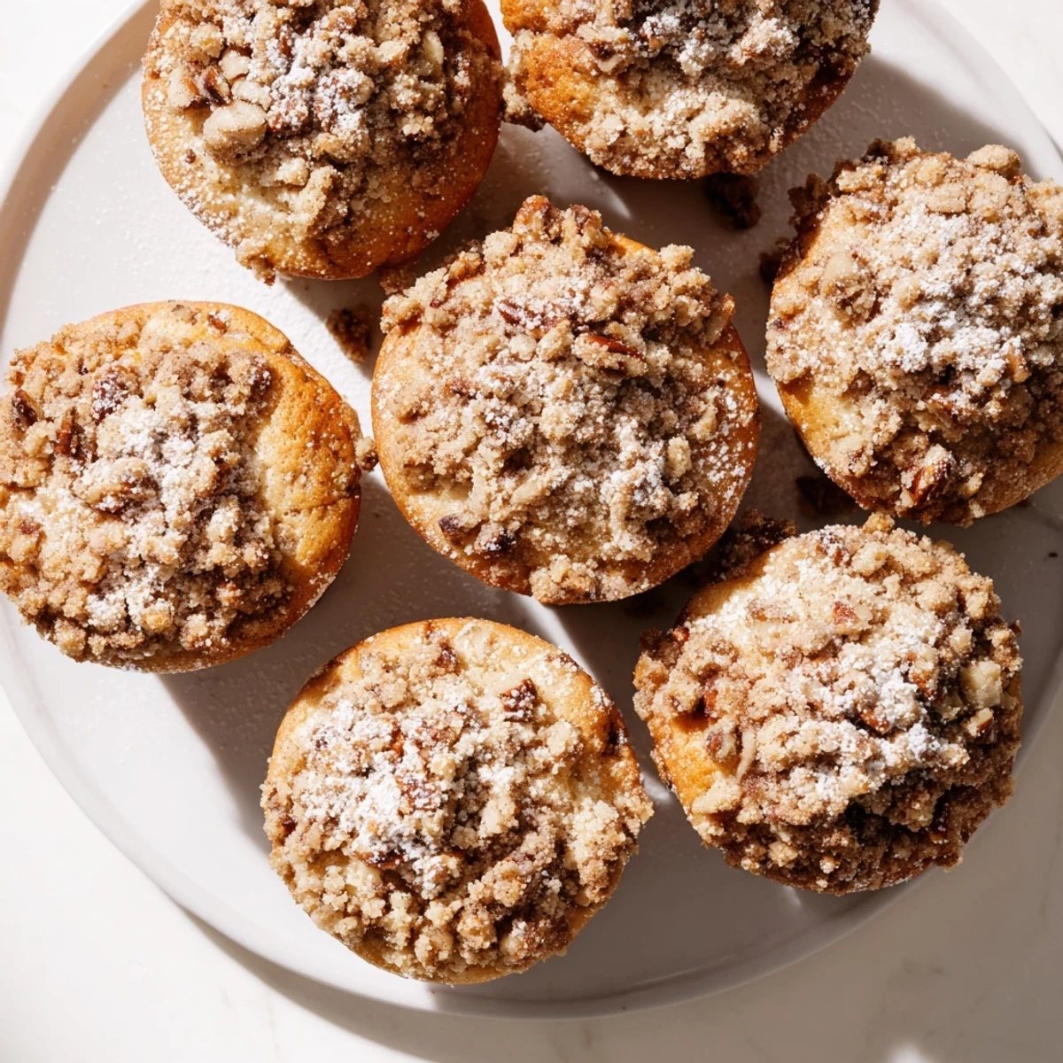 A close-up of freshly baked Cinnamon Muffins with Crunch Topping highlights the buttery crumble and warm cinnamon spice.