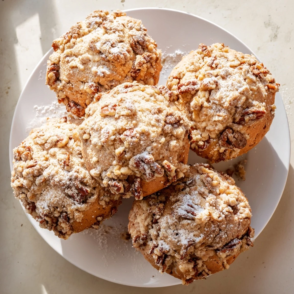 Golden-brown Cinnamon Muffins with Crunch Topping sit on a rustic wooden board, revealing a moist crumb and sparkling streusel.