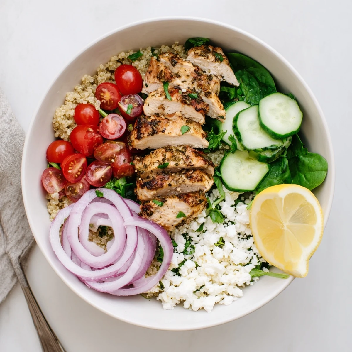 Healthy Mediterranean-inspired Lemon Herb Grilled Chicken Quinoa Bowl with spinach and red onion arranged in a colorful serving dish.