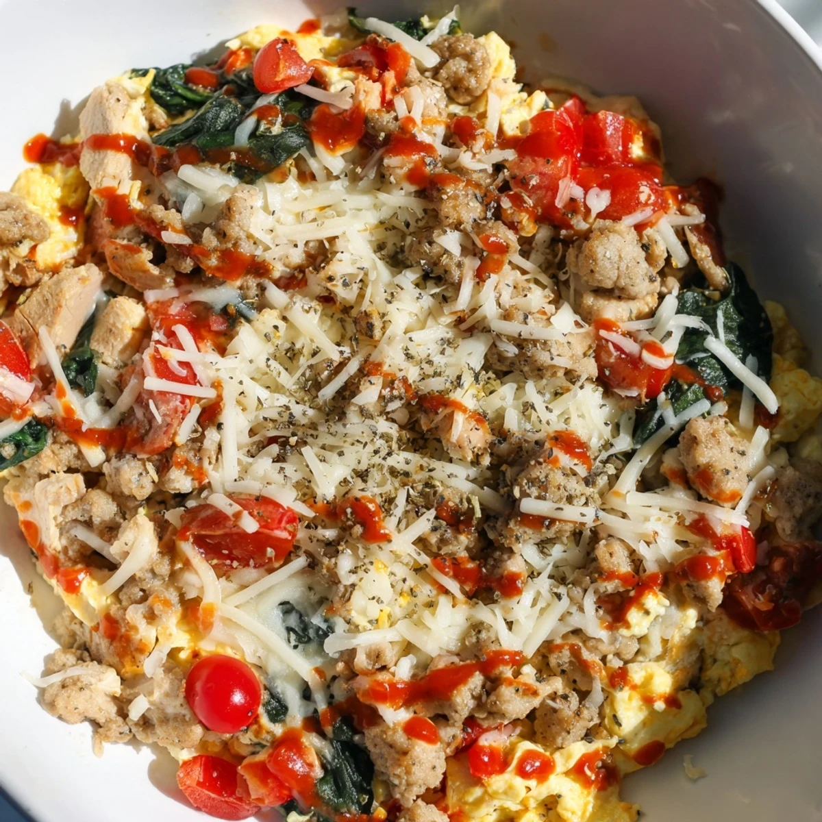 A steaming skillet of High Protein Breakfast Pizza Bowl Cheesy Delight with melted mozzarella and fresh veggies.