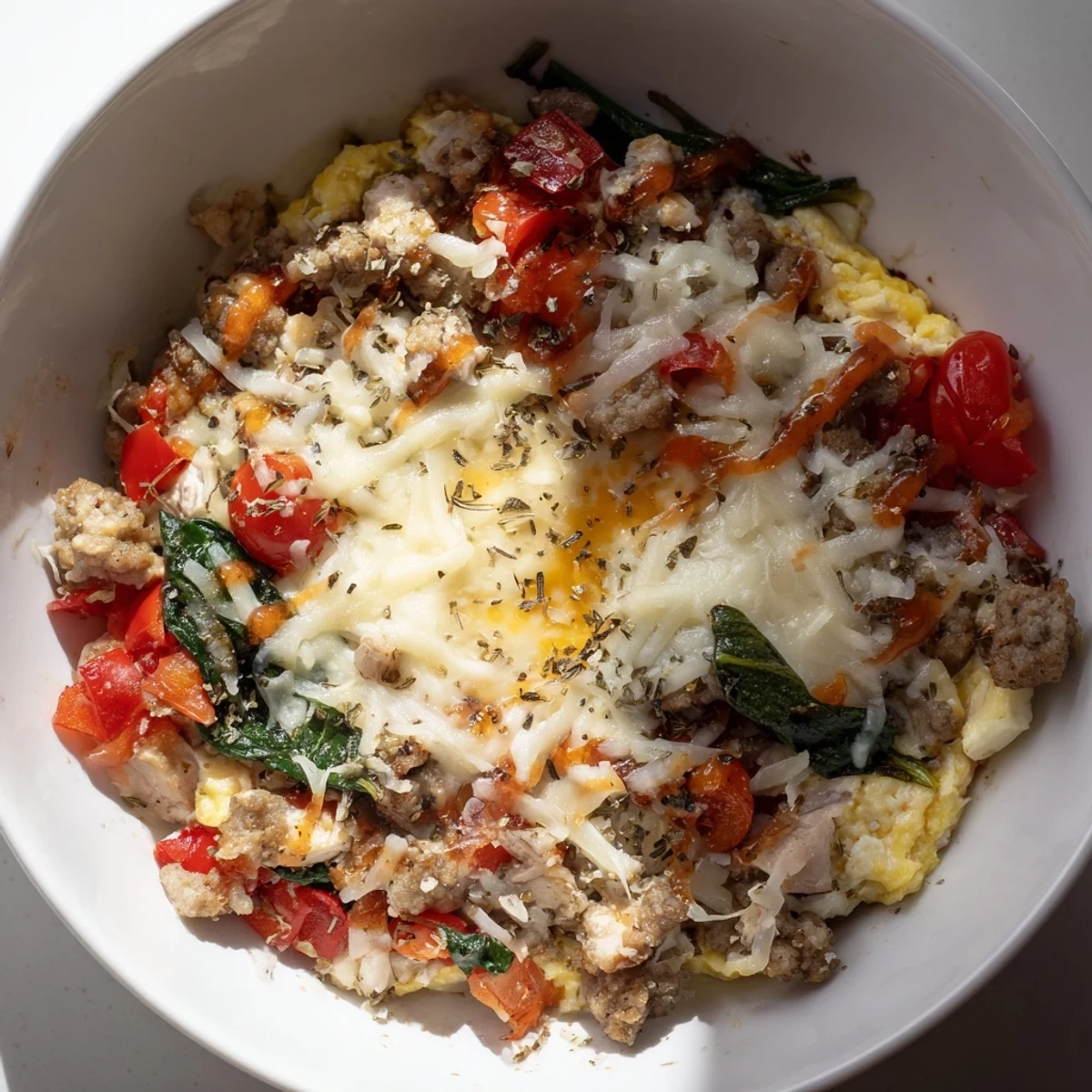 Scrambled eggs and savory toppings in a High Protein Breakfast Pizza Bowl Cheesy Delight, ready to enjoy.