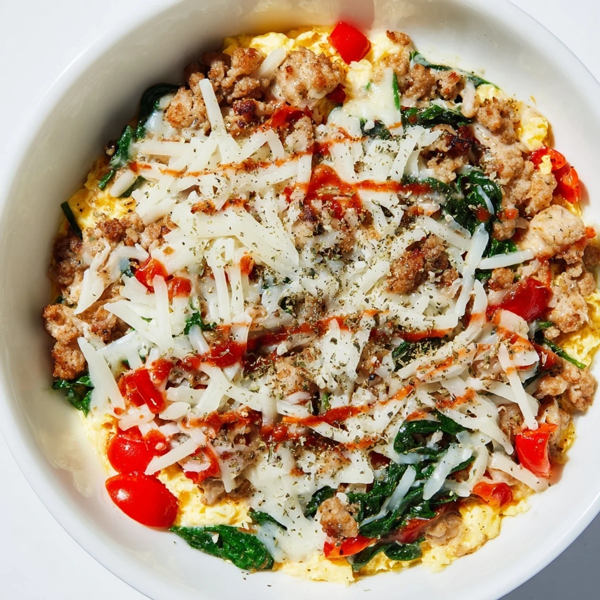 Close-up view of a golden, bubbly High Protein Breakfast Pizza Bowl Cheesy Delight served in a skillet.
