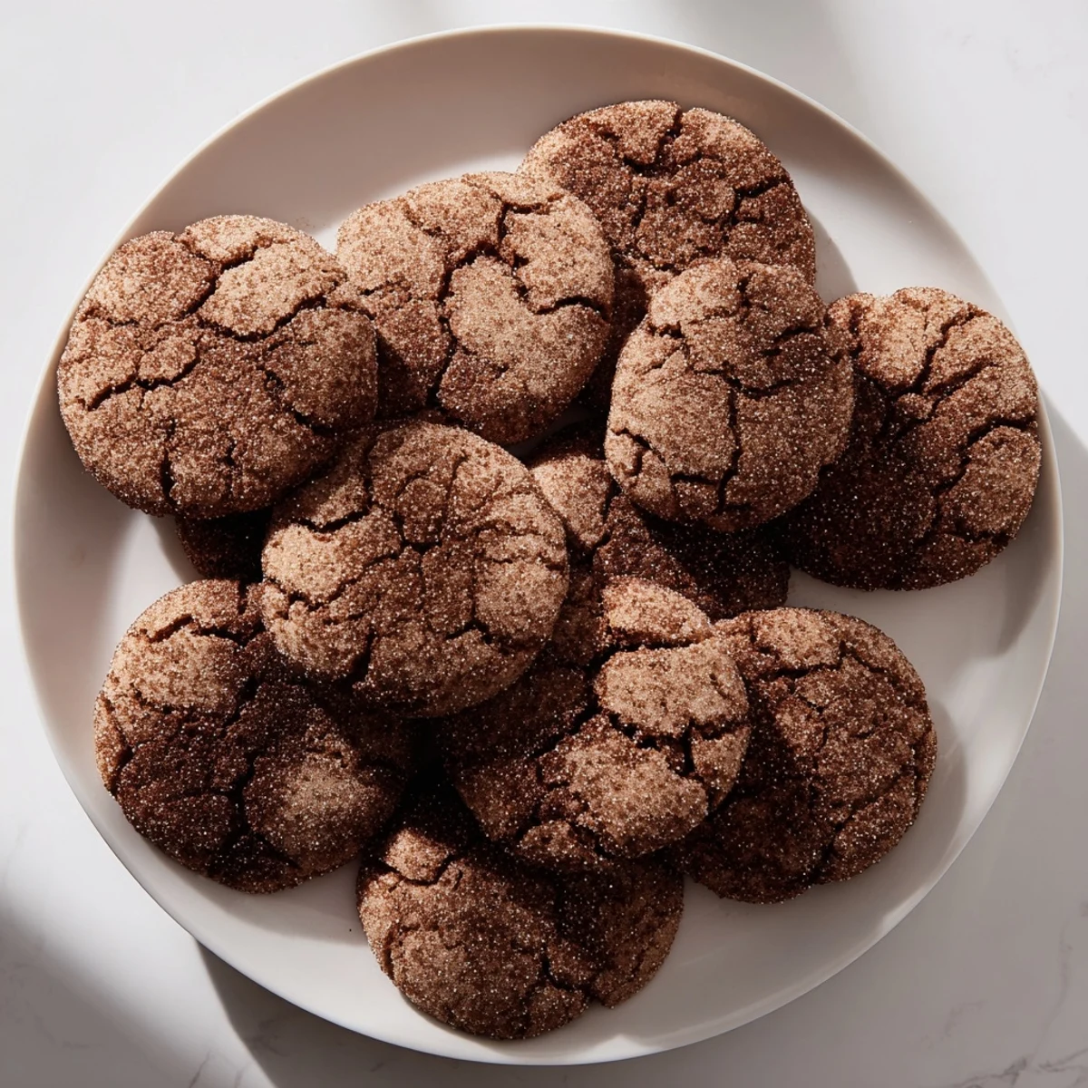 A serving plate of Chocolate Snickerdoodles cookies, arranged with a steaming mug of coffee for a cozy afternoon treat.