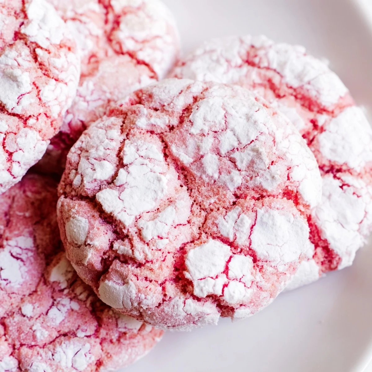 Stack of Soft, Chewy Strawberry Crinkle Cookies next to a glass of milk, perfect for an afternoon treat.