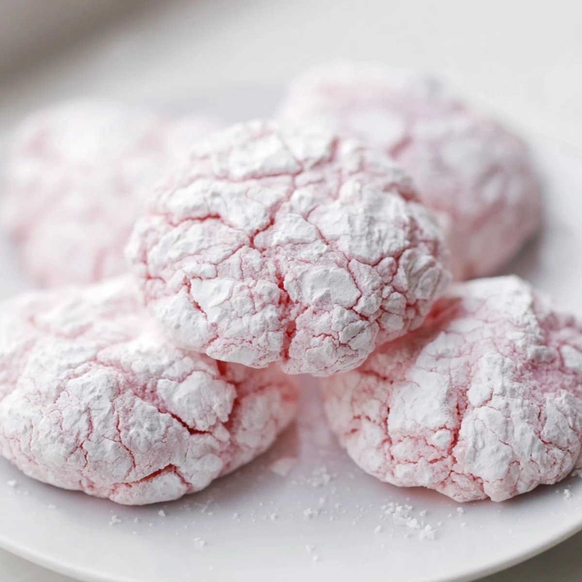 A close-up of Easy 5 Ingredient Strawberry Crinkle Cookies with powdered sugar cracks on a rustic wood table.