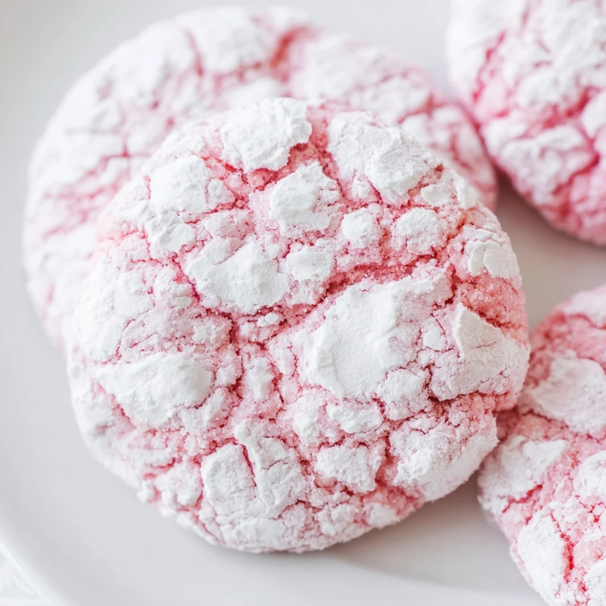 Easy 5 Ingredient Strawberry Crinkle Cookies on a cooling rack with fresh strawberries, showcasing their festive pink hue.