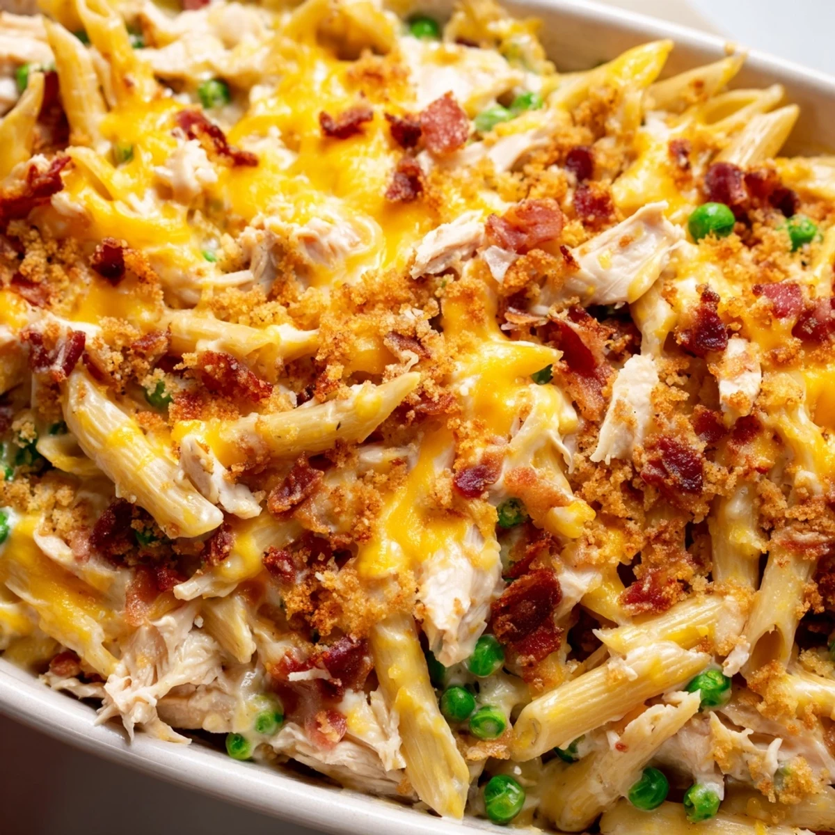 Creamy Crazy Good Casserole with chicken, bacon, and pasta on a dinner table.