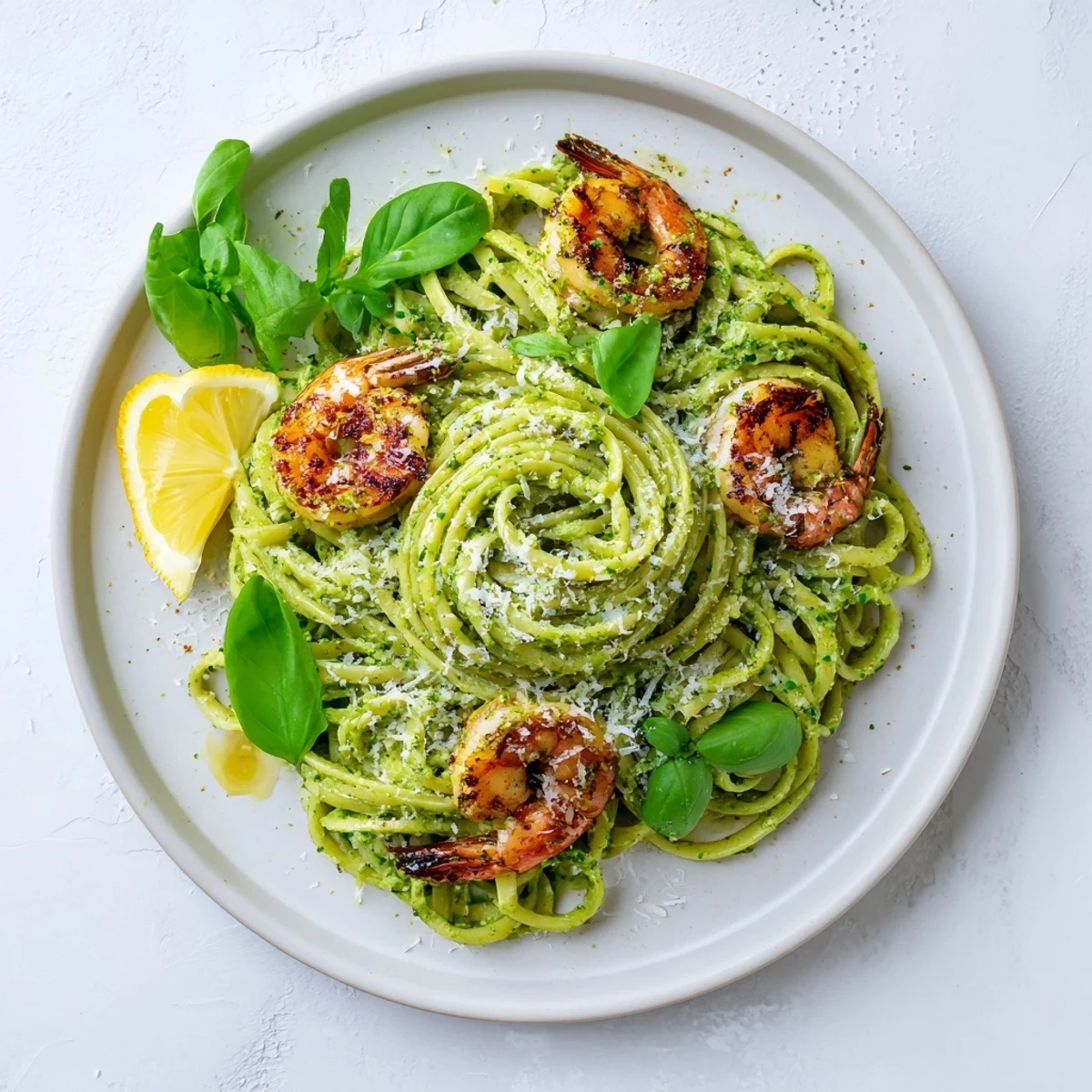 Twirling pasta and grilled shrimp stacked with fresh pesto in this vibrant restaurant-style dish.