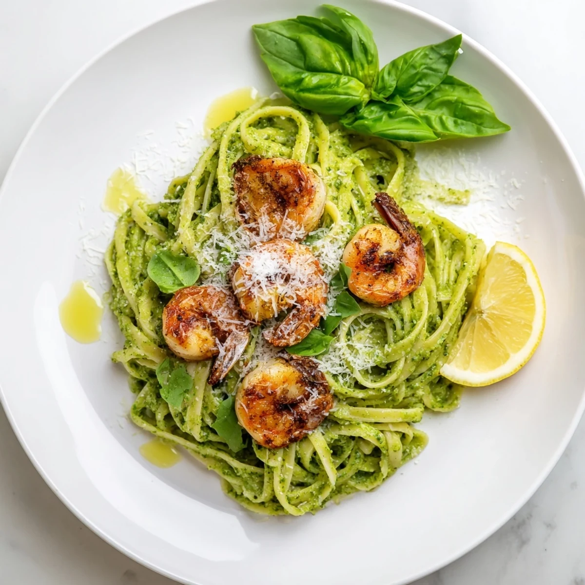 Succulent grilled shrimp top al dente linguine tossed in basil pesto and olive oil.