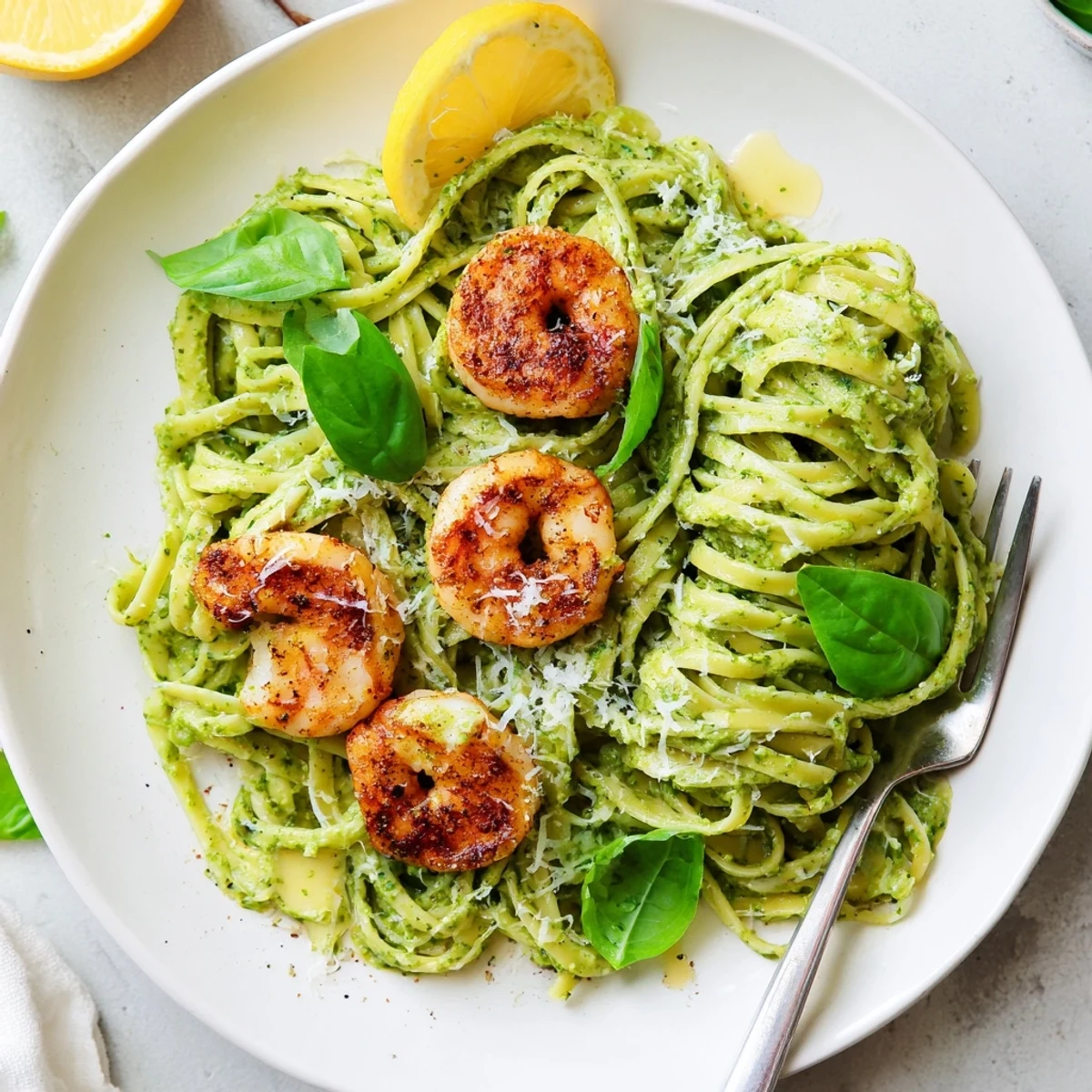 A beautiful Pesto Pasta and Grilled Shrimp Stack garnished with Parmesan and served with lemon wedges.