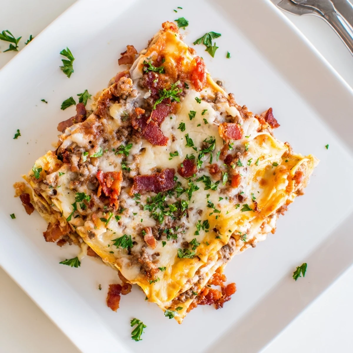 A close-up photo shows layers of beef sauce, ricotta, and noodles in Lasagna Meets Cheeseburger Parmesan Garlic Bacon Style.
